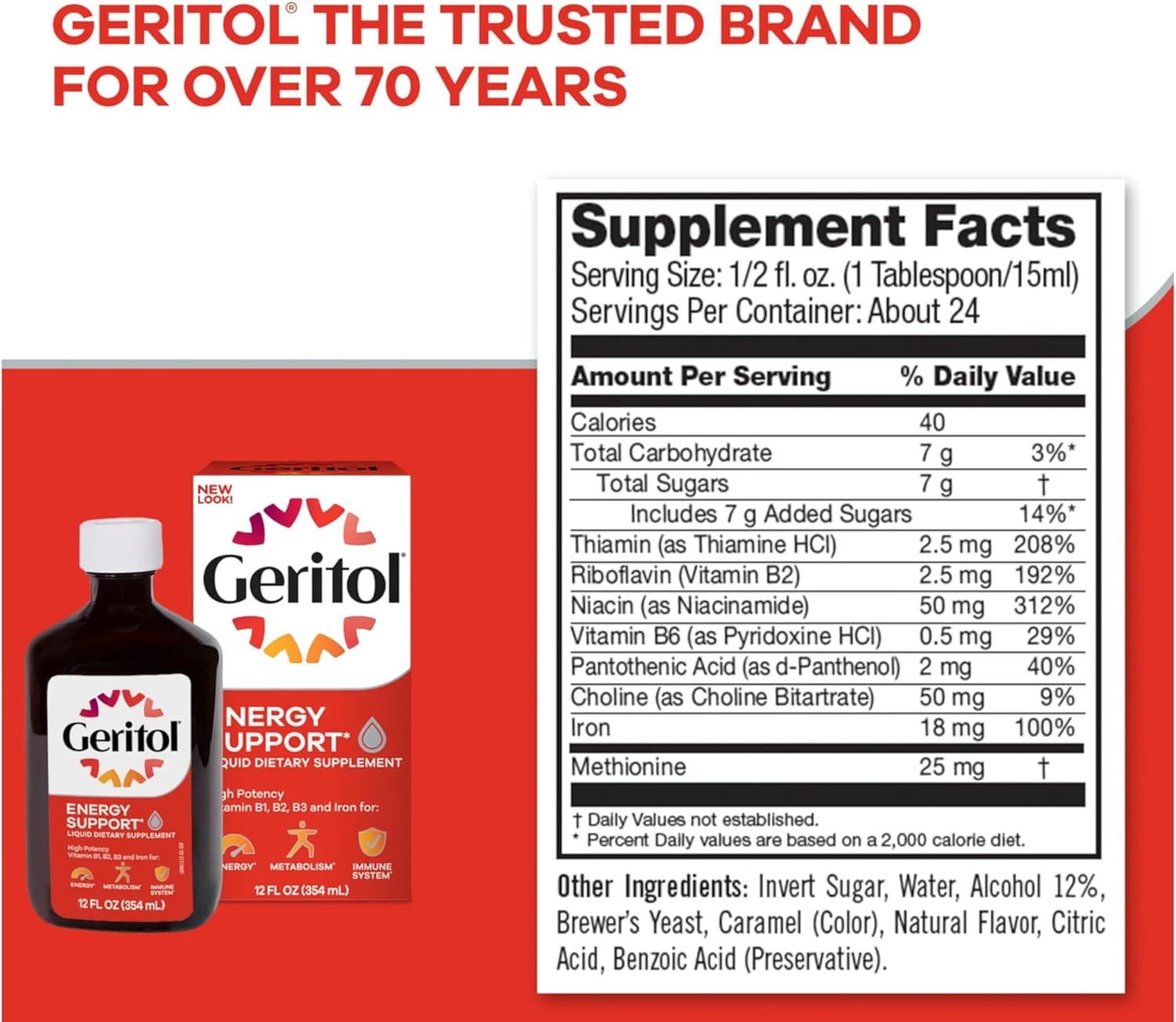 Geritol Liquide : présentation mettant en valeur les B‑vitamines et le fer.