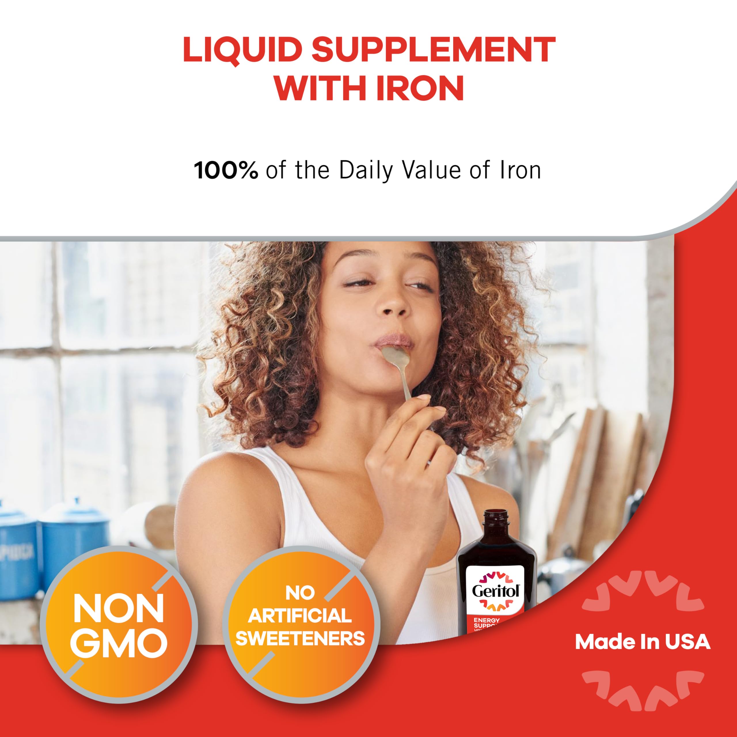 Geritol Liquide: utilisateur souriant en utilisant le produit au quotidien.