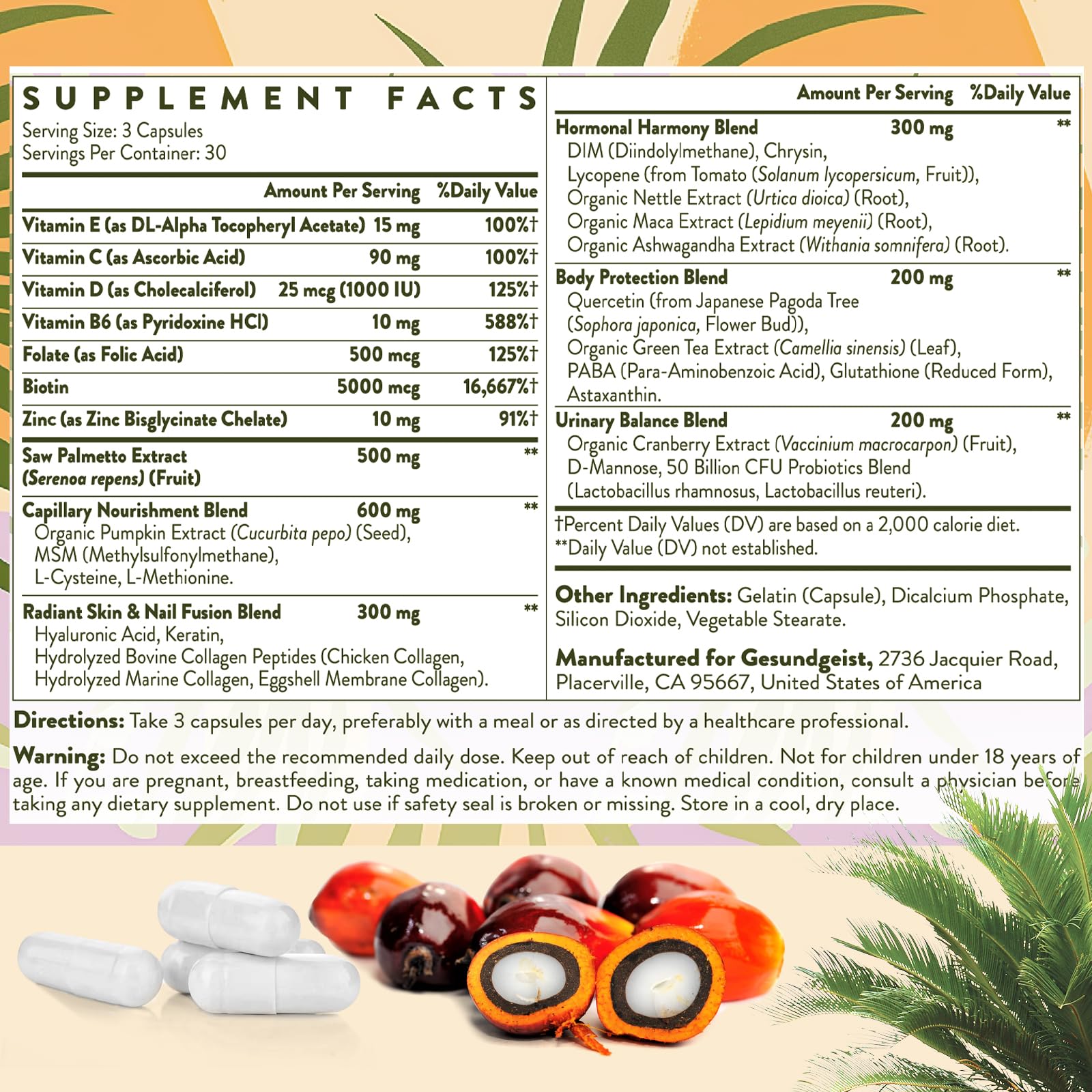 Emballage arrière Gesundgeist Saw Palmetto avec informations claires et pratiques.