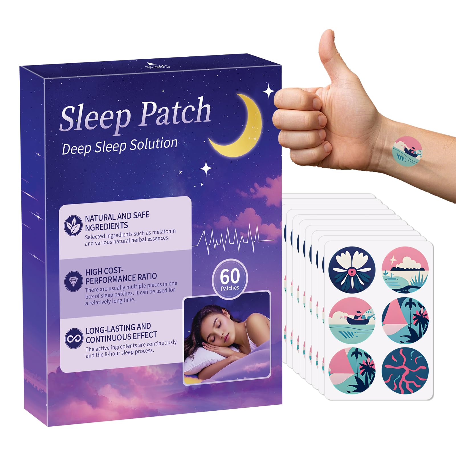 Gethorey Sleep Patches emballage 60, pratique et prête pour la nuit.