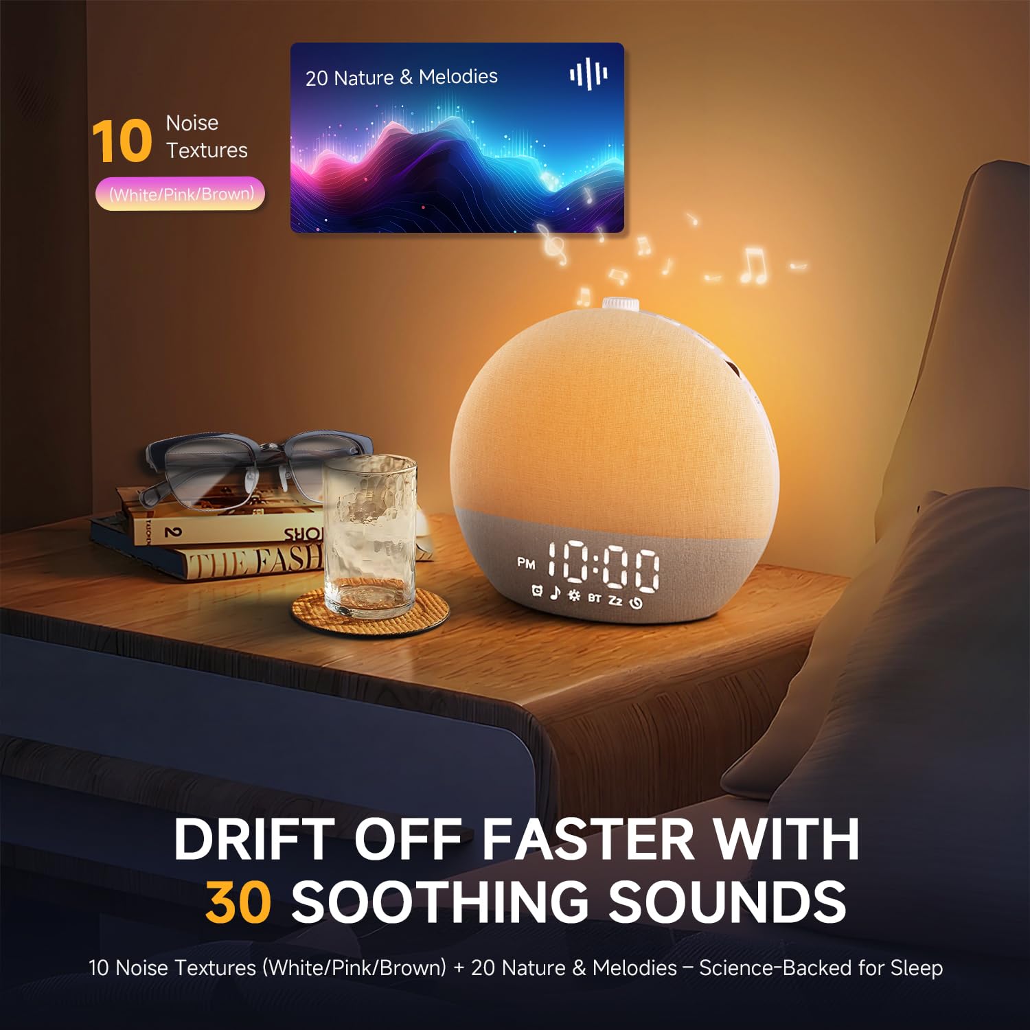 Geuuap Réveil Sunrise: aperçu des 32 niveaux de volume et des choix d'alarme.