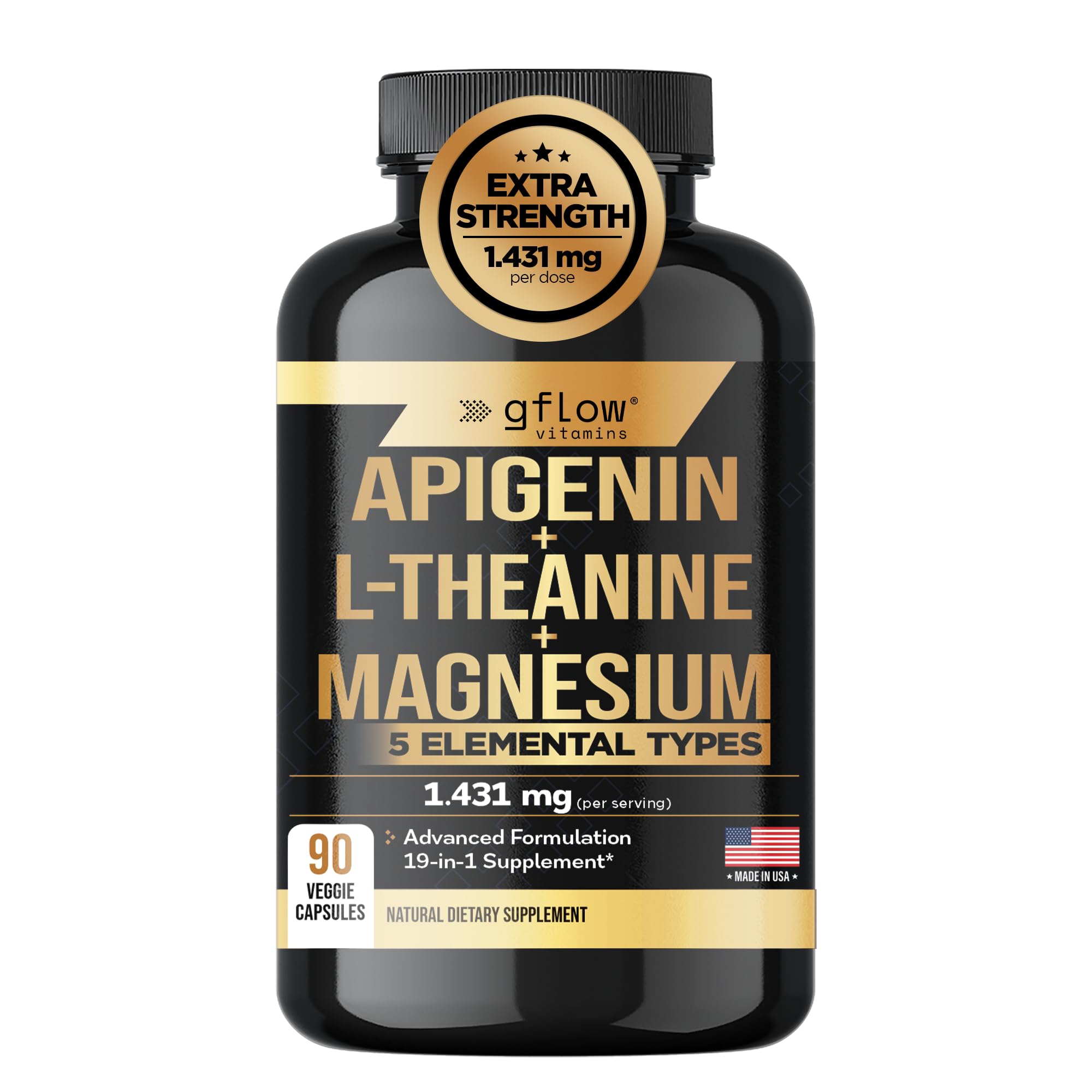 Gflow Vitamins Apigenin, bouteille Sommeil, favorise relaxation naturelle avant le coucher.