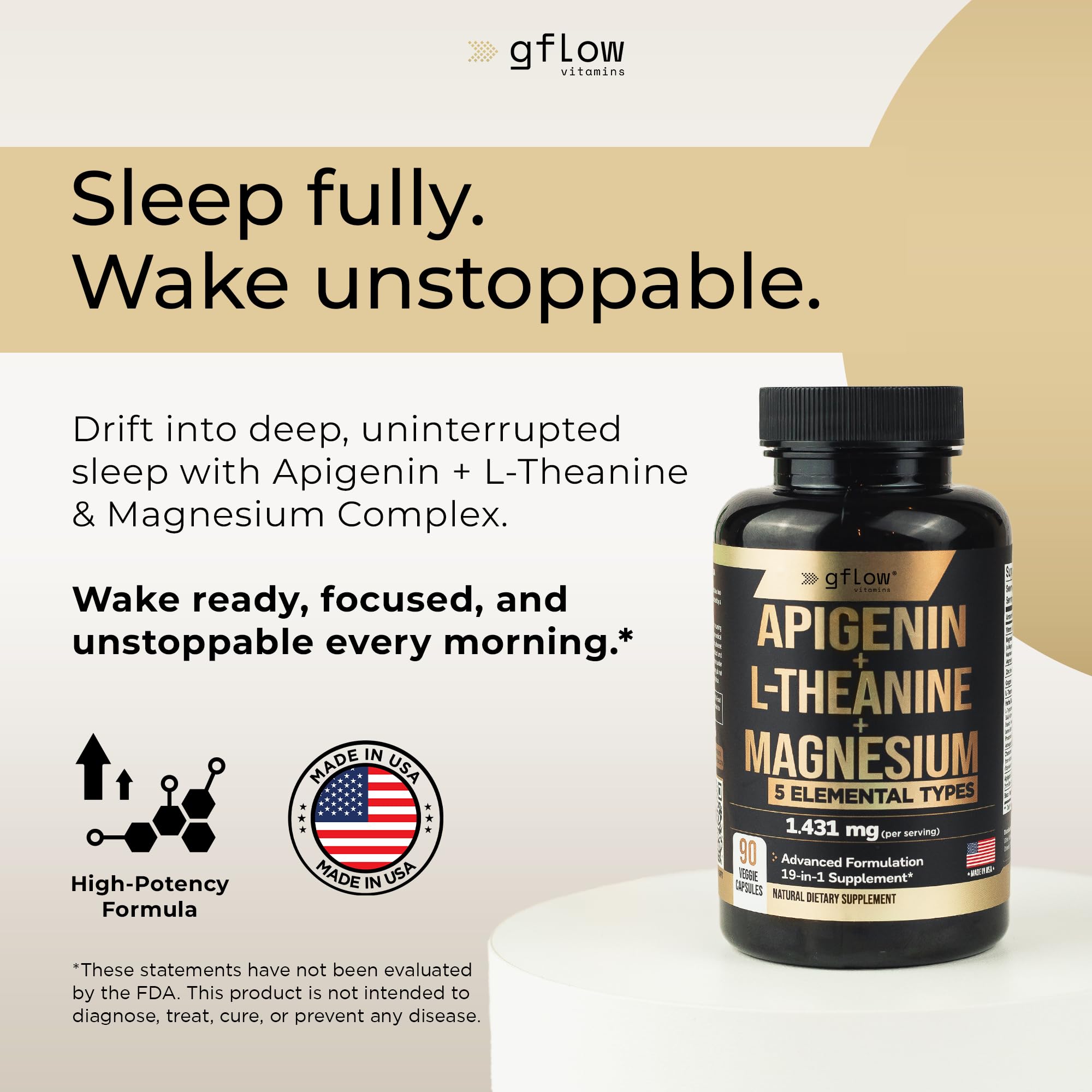 Gflow Vitamins Apigenin, capsules L-Theanine, favorisent calme et clarté mentale.