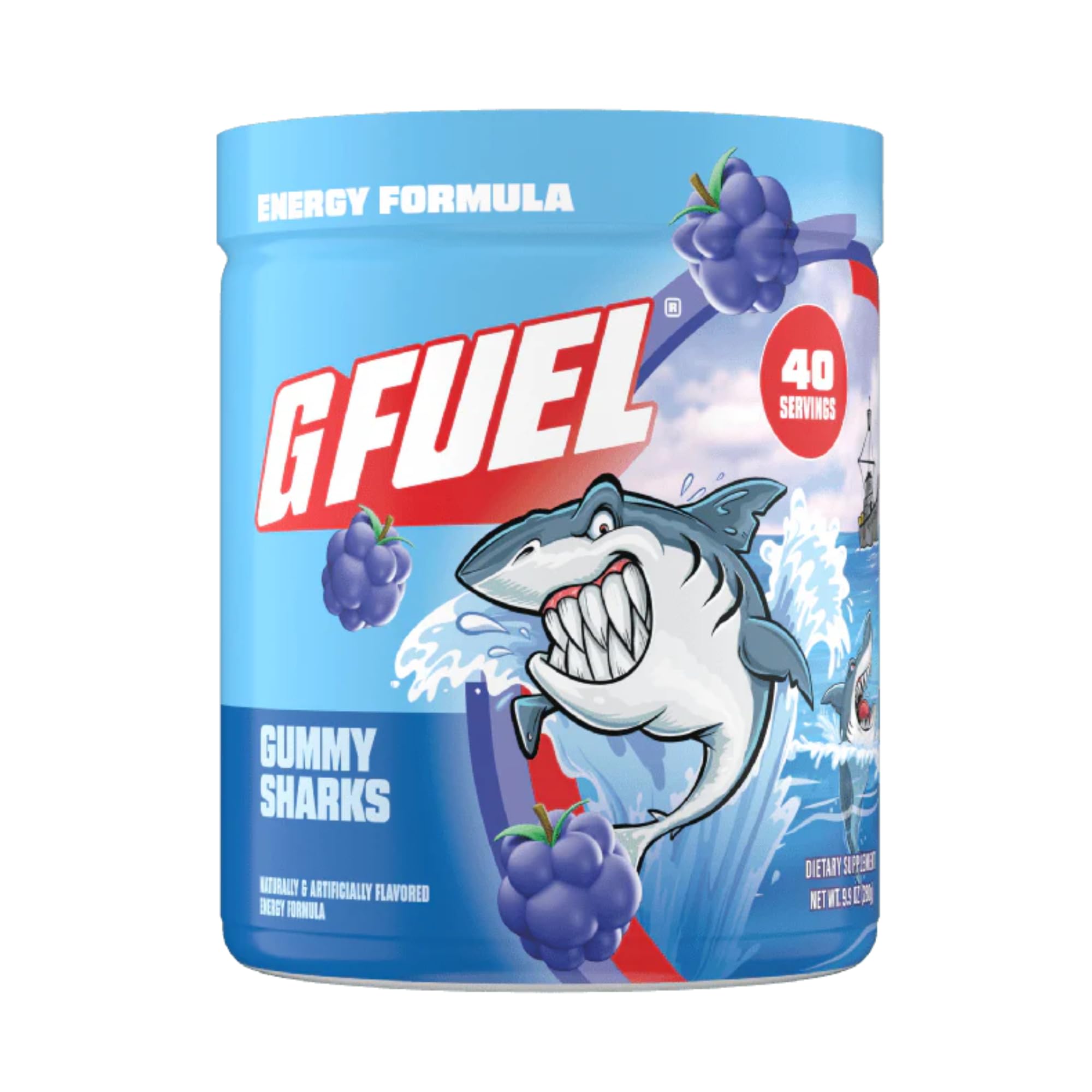 G Fuel Gummy Sharks versement dans le verre, énergie propre pour le gaming.