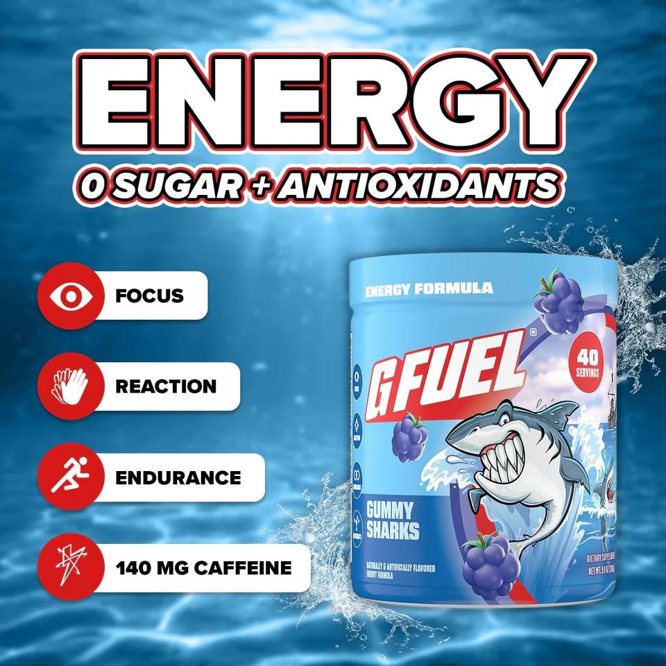 G Fuel Gummy Sharks doseuse pratique, préparation rapide avant l'entraînement.