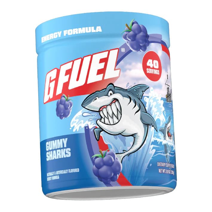 G Fuel Gummy Sharks mélange dans le verre, goût framboise bleue inspirant.
