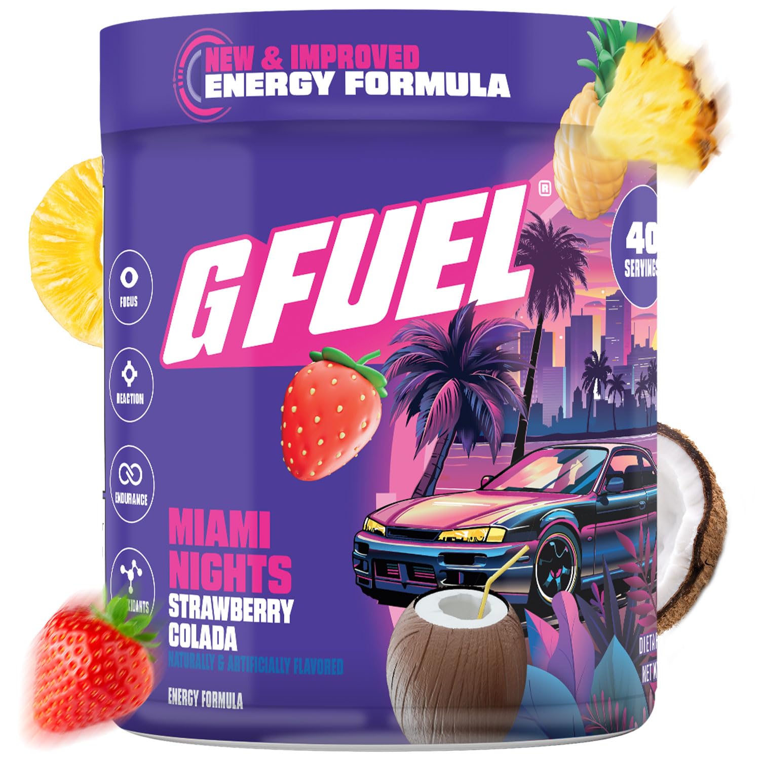 G Fuel Miami Nights 2.0 poudre fraise pina colada, énergie sans sucre pour sessions gaming