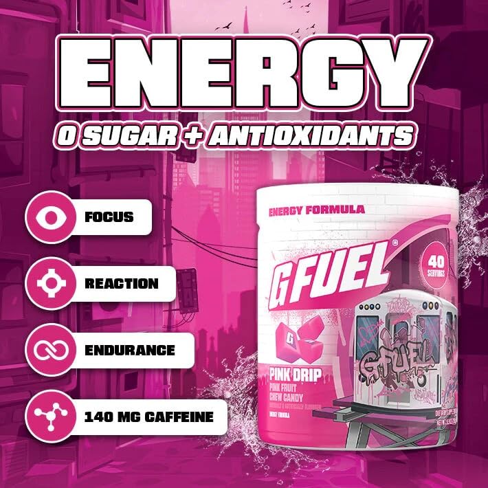 Pot de poudre G Fuel Pink Drip avec doseuse mélange rapide et énergie durable sans sucre