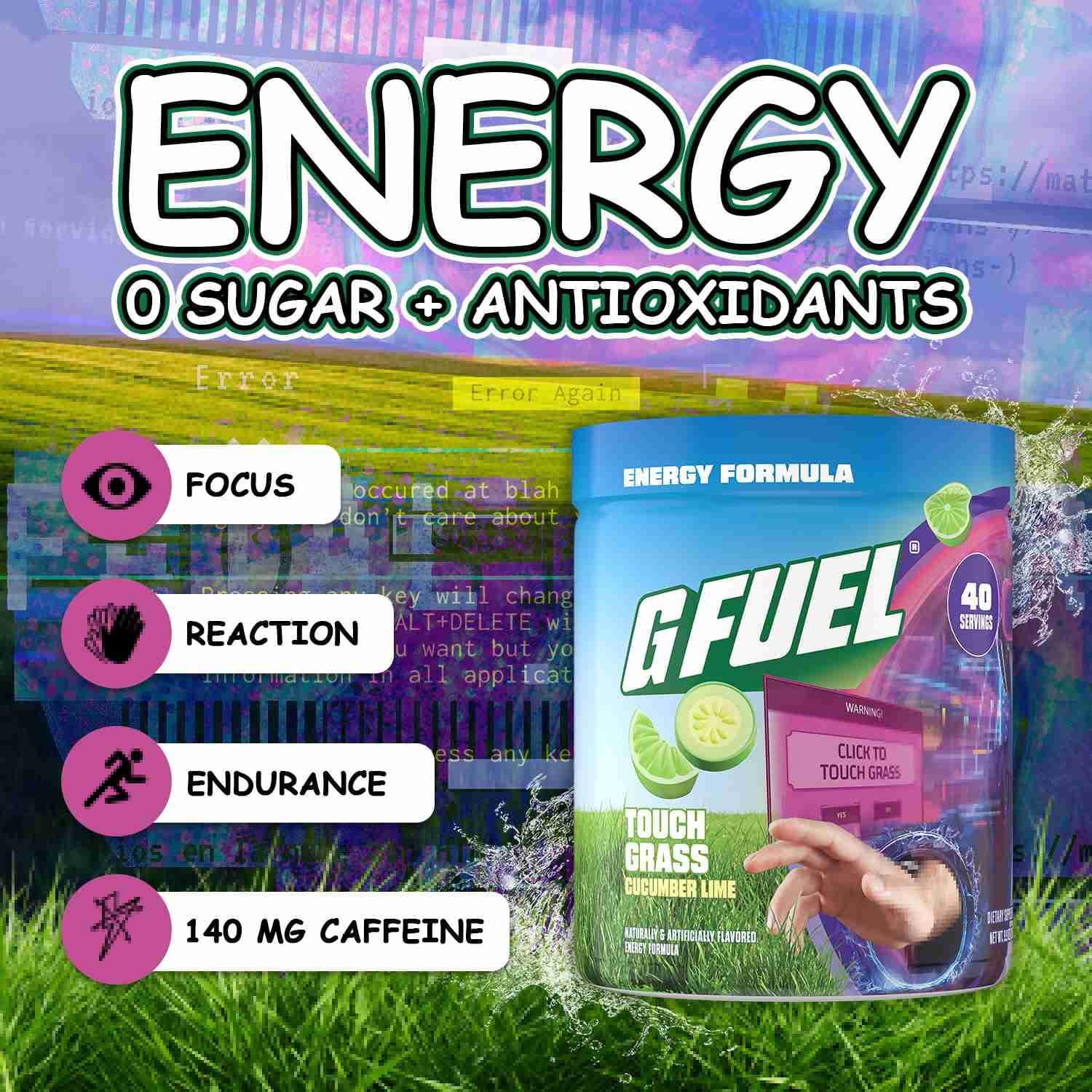 G Fuel Touch Grass conteneur 40 portions, pratique à emporter pour énergie durable avant l'entraînement