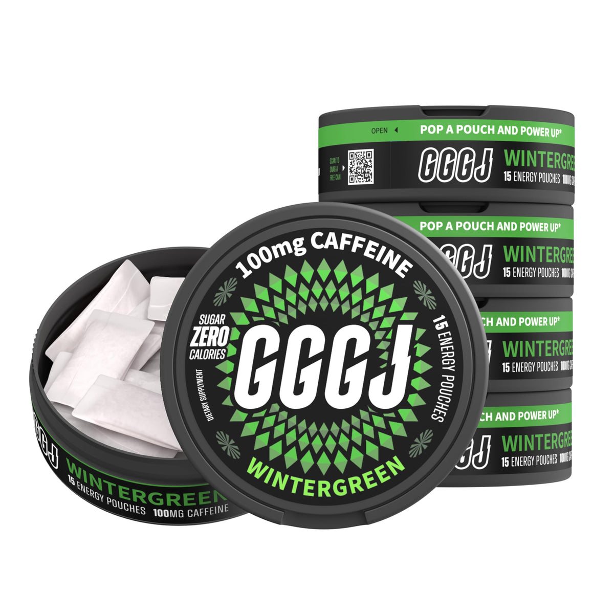 Boîte GGGJ montrant des sachets cafeine nootropique Wintergreen pour énergie propre.