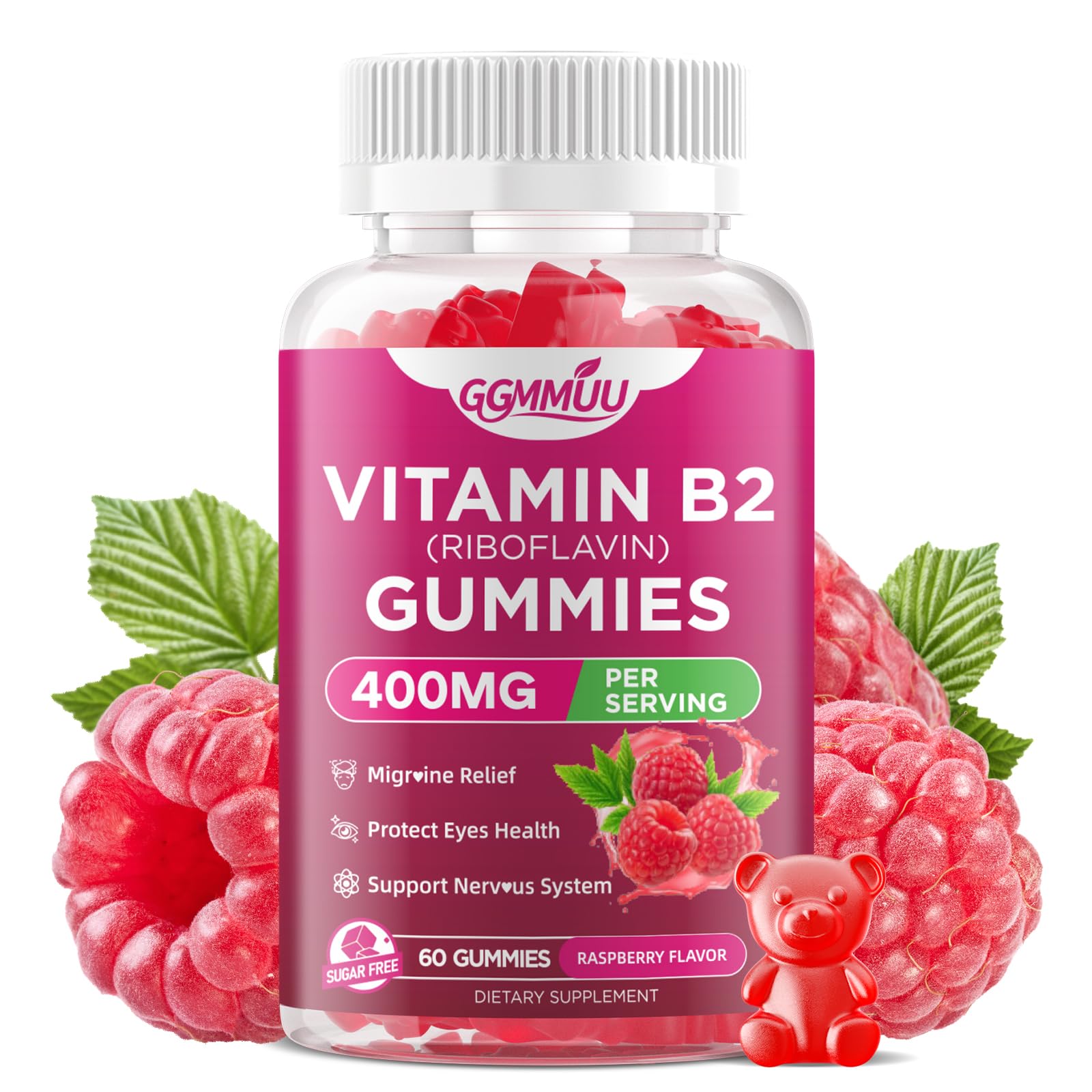 Gommes GGMMUU B2 en flacon, saveur framboise, énergie potentielle.
