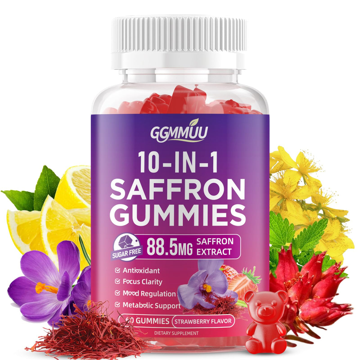 GGMMUU Safran Gummies – bouteille en gros plan, soutien au calme et à la concentration.