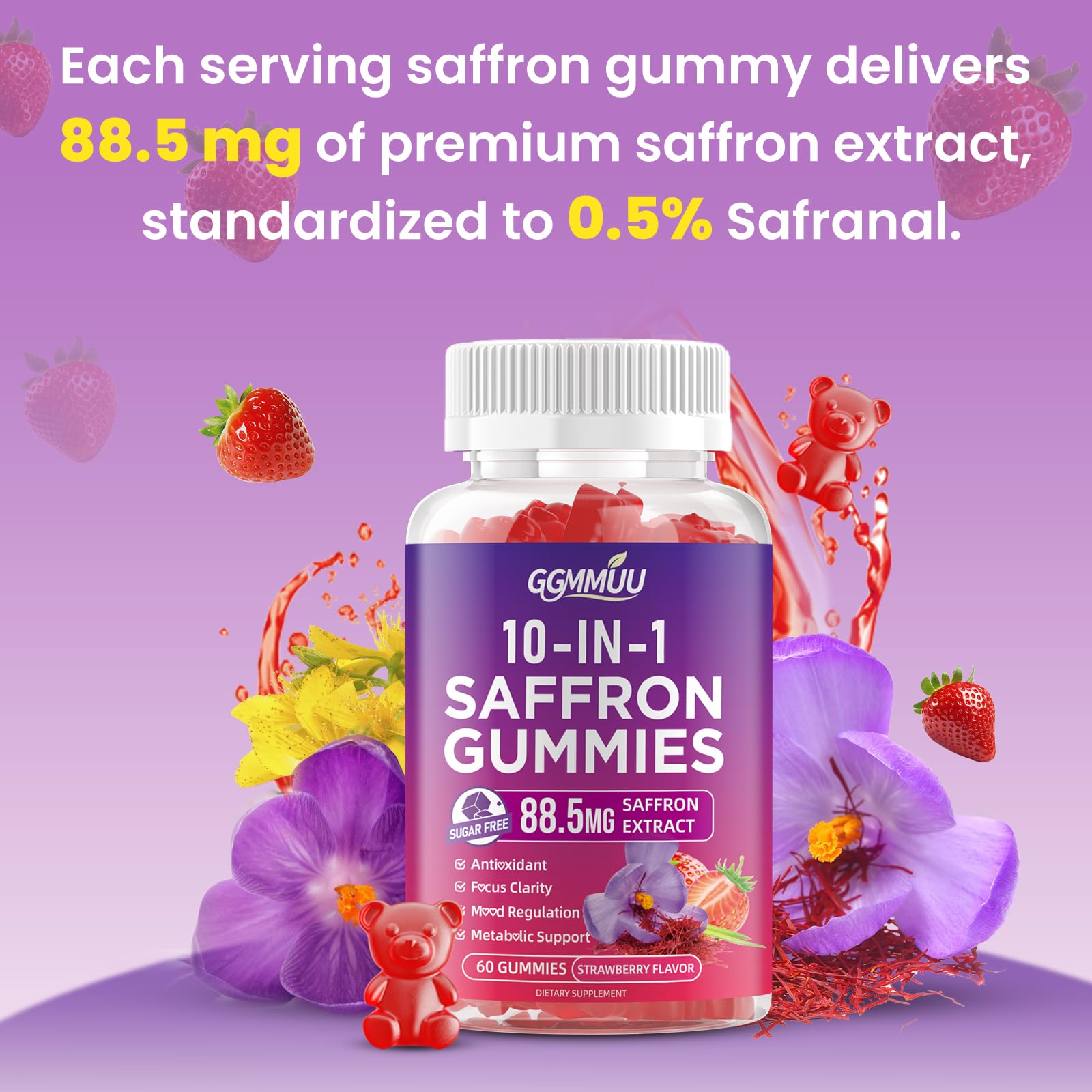 Dosage quotidien recommandé: deux gommes par jour avec GGMMUU Safran Gummies.