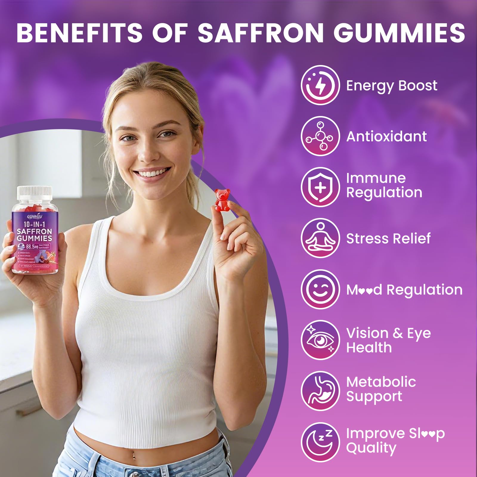 GGMMUU Safran Gummies – gomme orange, texture agréable et routine quotidienne pratique.