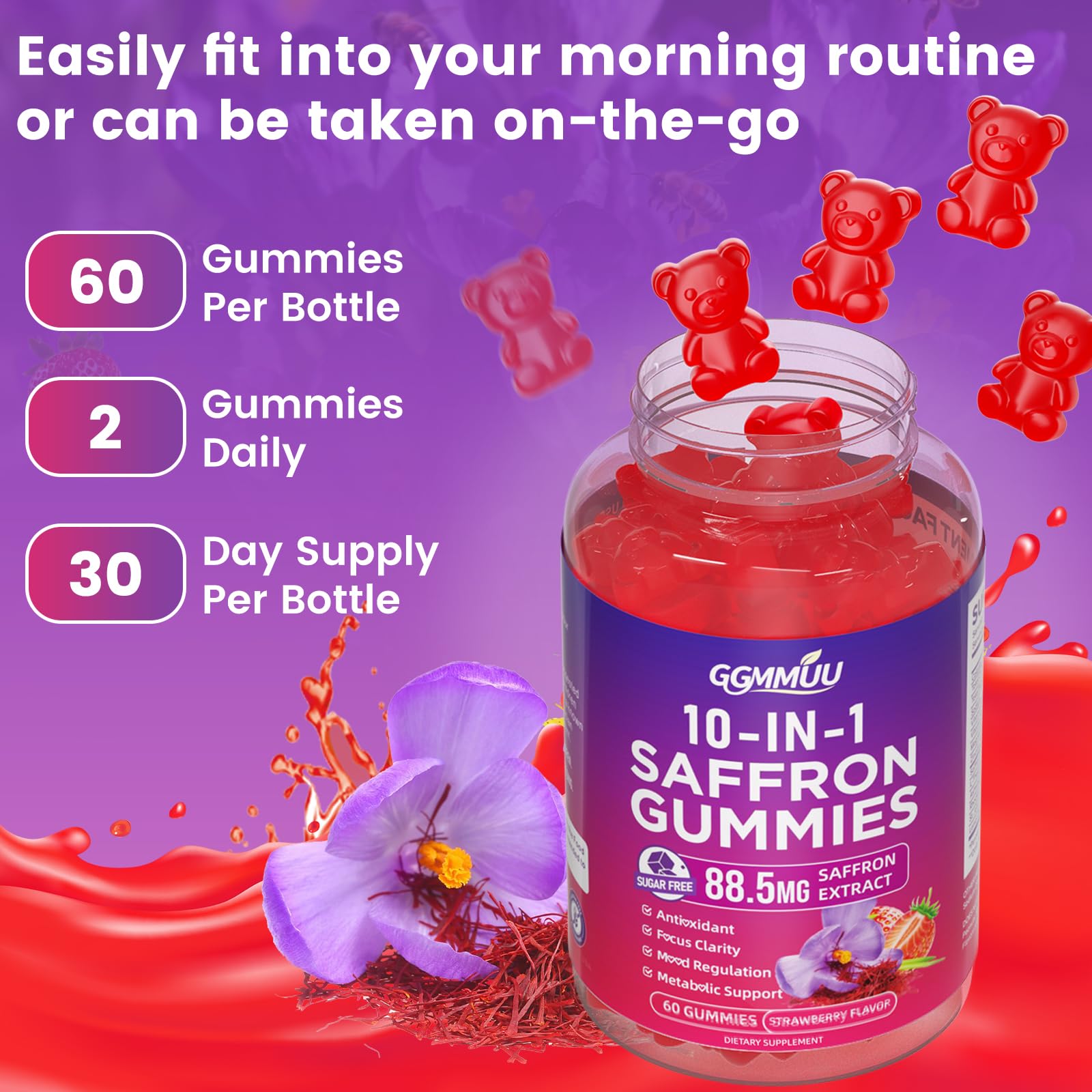 Goût fraise naturel des GGMMUU Safran Gummies.