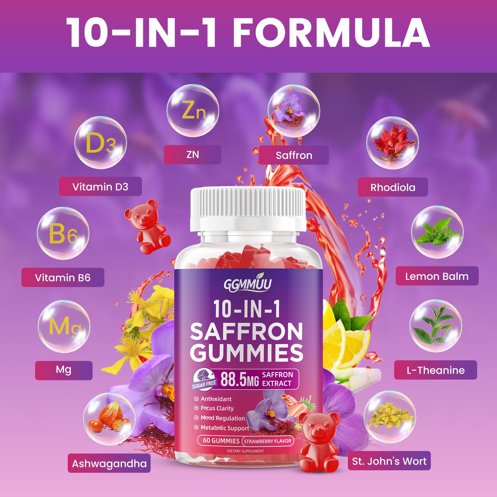 Emballage pratique GGMMUU Safran Gummies pour emporter.
