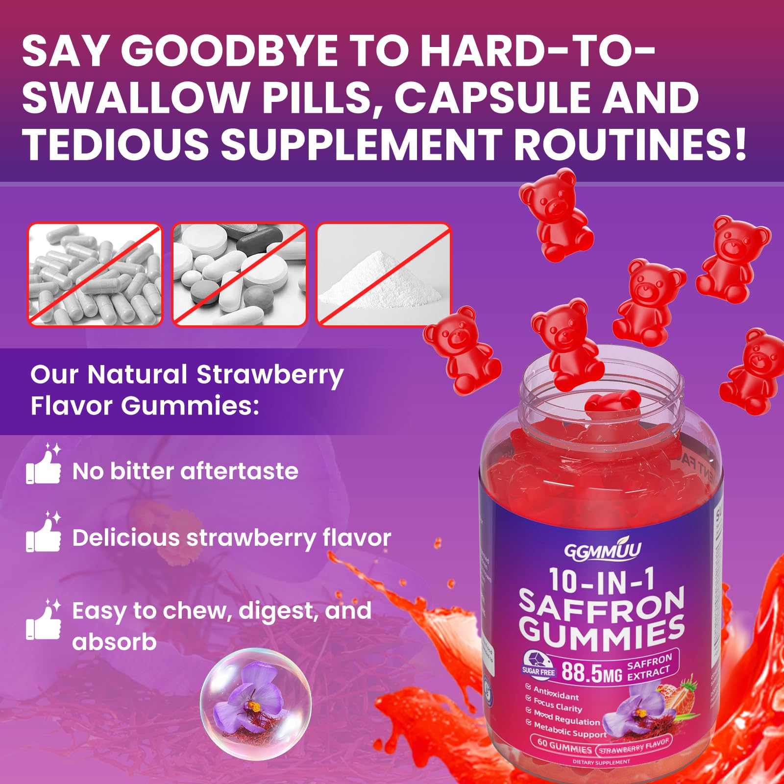 Texture gélifiée de GGMMUU Safran Gummies lors des pauses détente.
