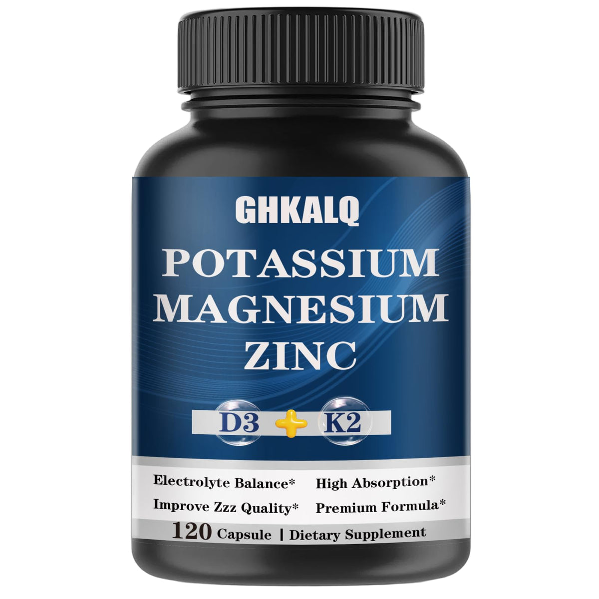 GHKALQ potassium-magnésium-zinc-d3-k2: bouteille de capsules énergie et équilibre