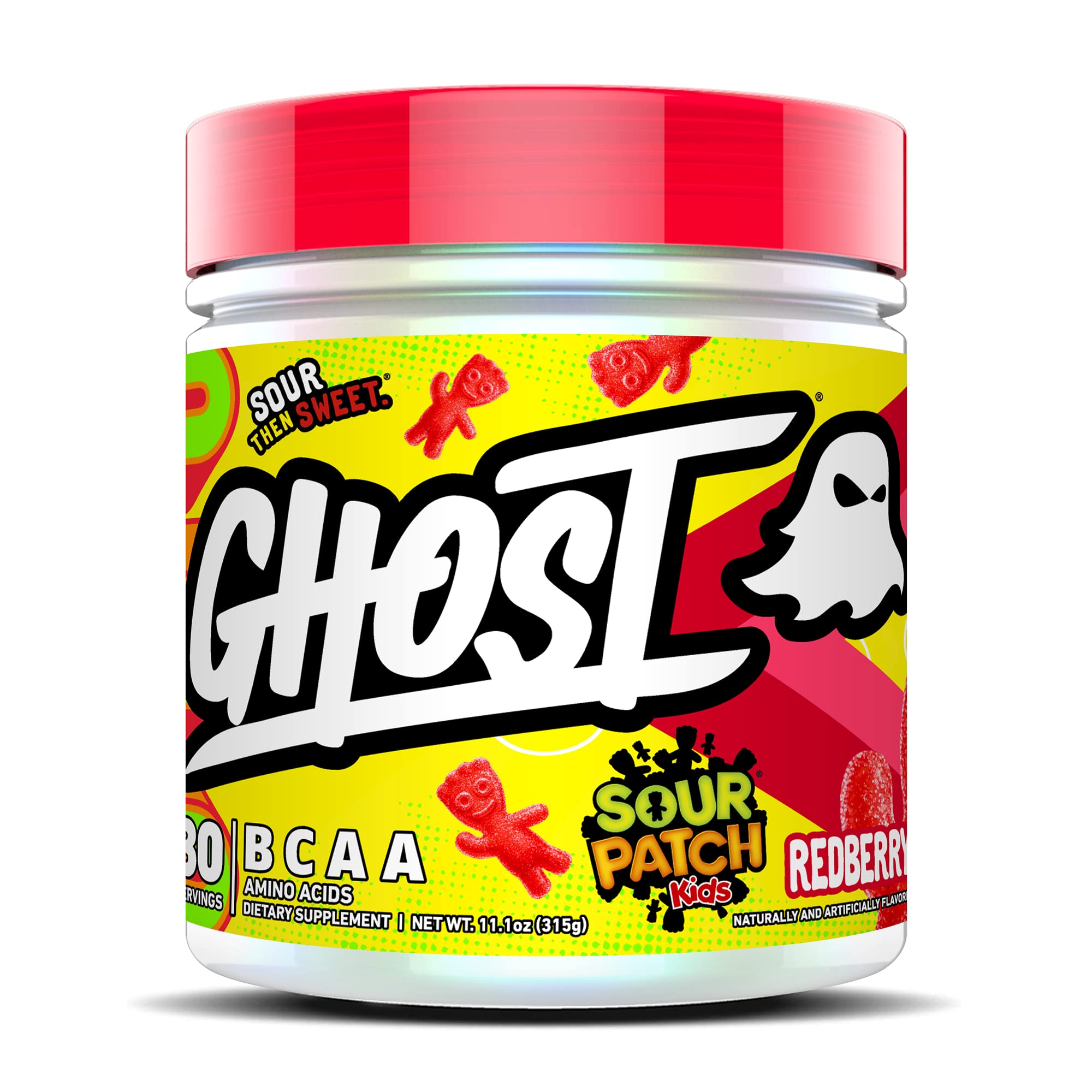 GHOST BCAA poudre saveur framboise rouge, idéale pour récupération et énergie pendant l’entraînement.