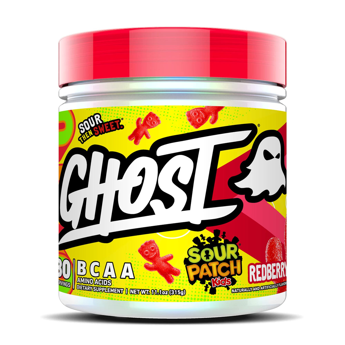 GHOST BCAA poudre saveur framboise rouge, idéale pour récupération et énergie pendant l’entraînement.