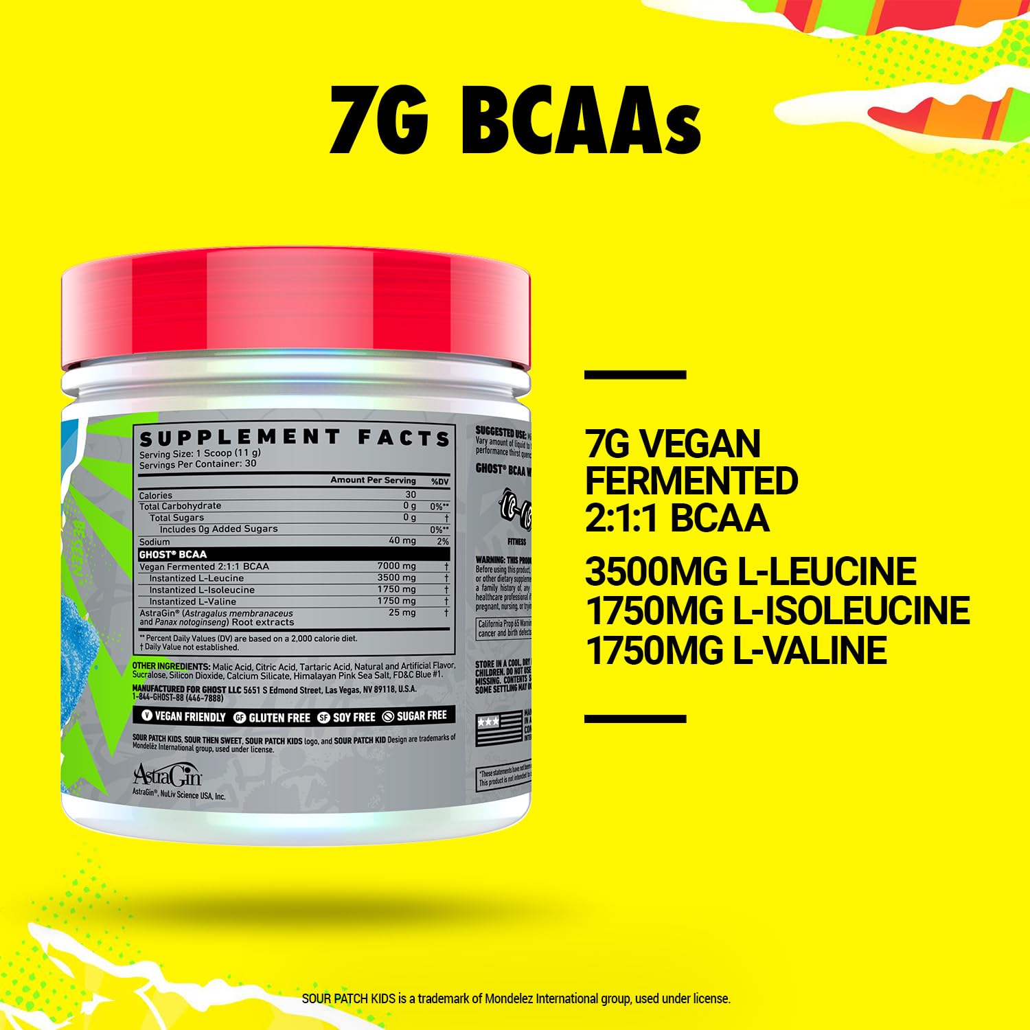 GHOST BCAA en poudre saveur framboise bleue, énergie pré-entraînement possible