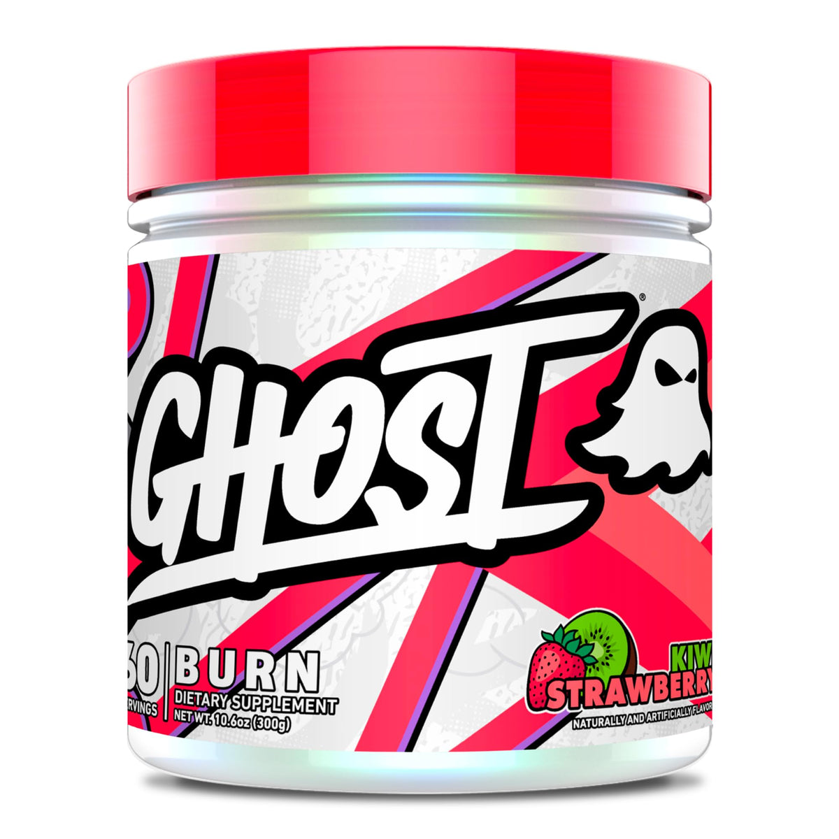 GHOST Burn Kiwi Strawberry emballage, énergie pré-entraînement et goût rafraîchissant.