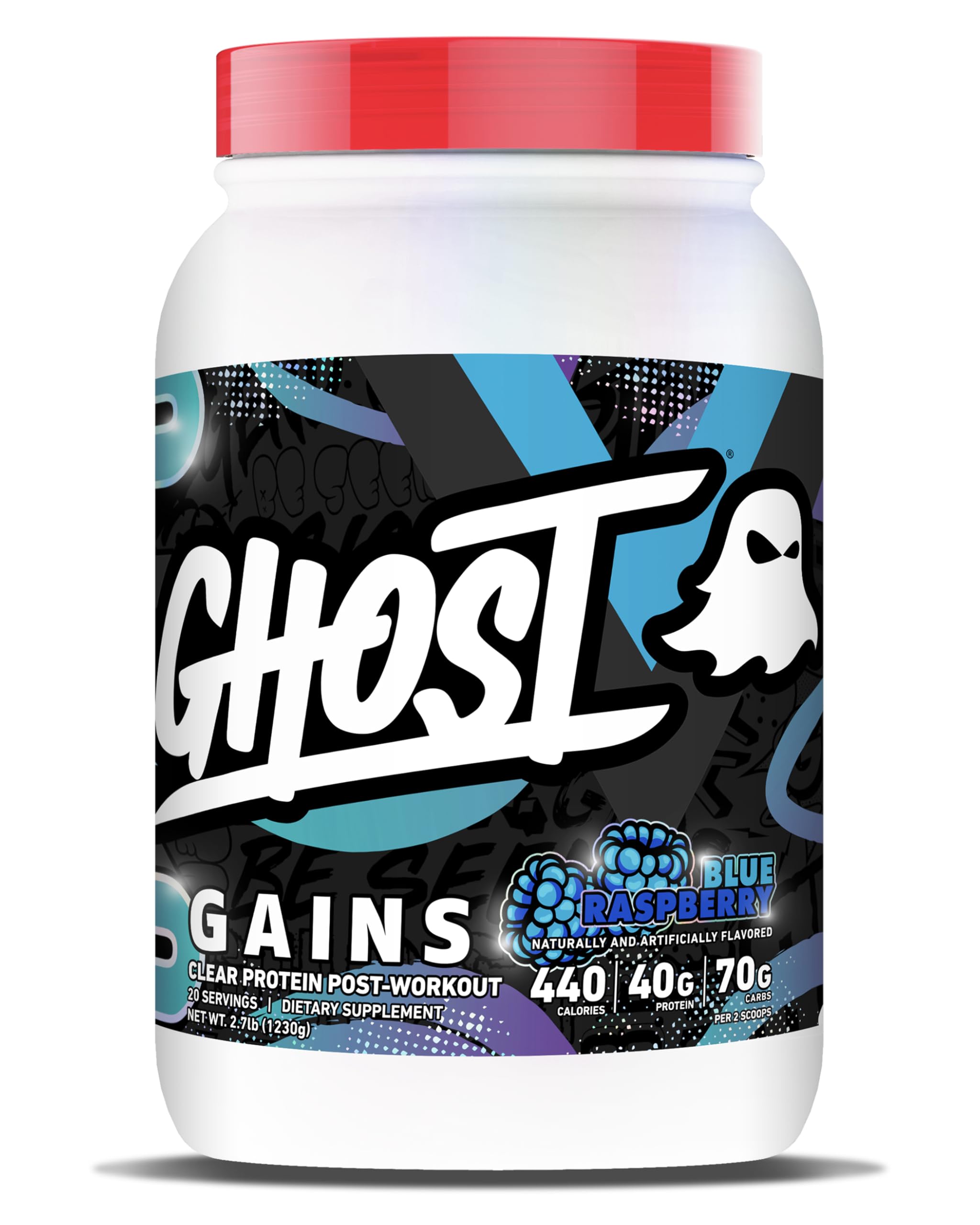 GHOST Clear Gains framboise bleue, poudre protéine pour récupération post-entraînement.