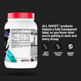 GHOST Clear Gains framboise bleue zoom, mélange clair et ingrédients visibles.