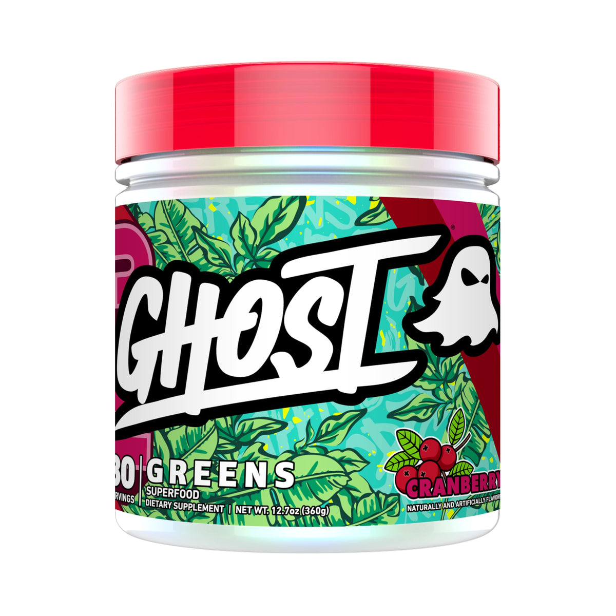 GHOST Greens Poudre canneberge: vue du pot et texture poudrée, soutien potentiel à l'apport en fruits et légumes