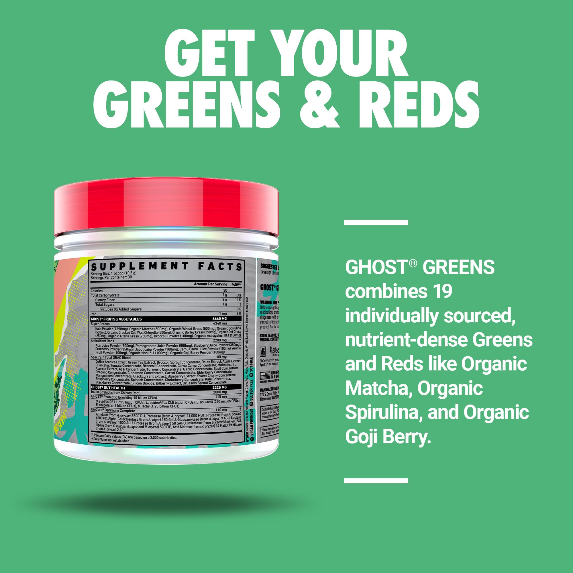 GHOST Greens Poudre: étiquette claire pour connaître rapidement les ingrédients et apports.
