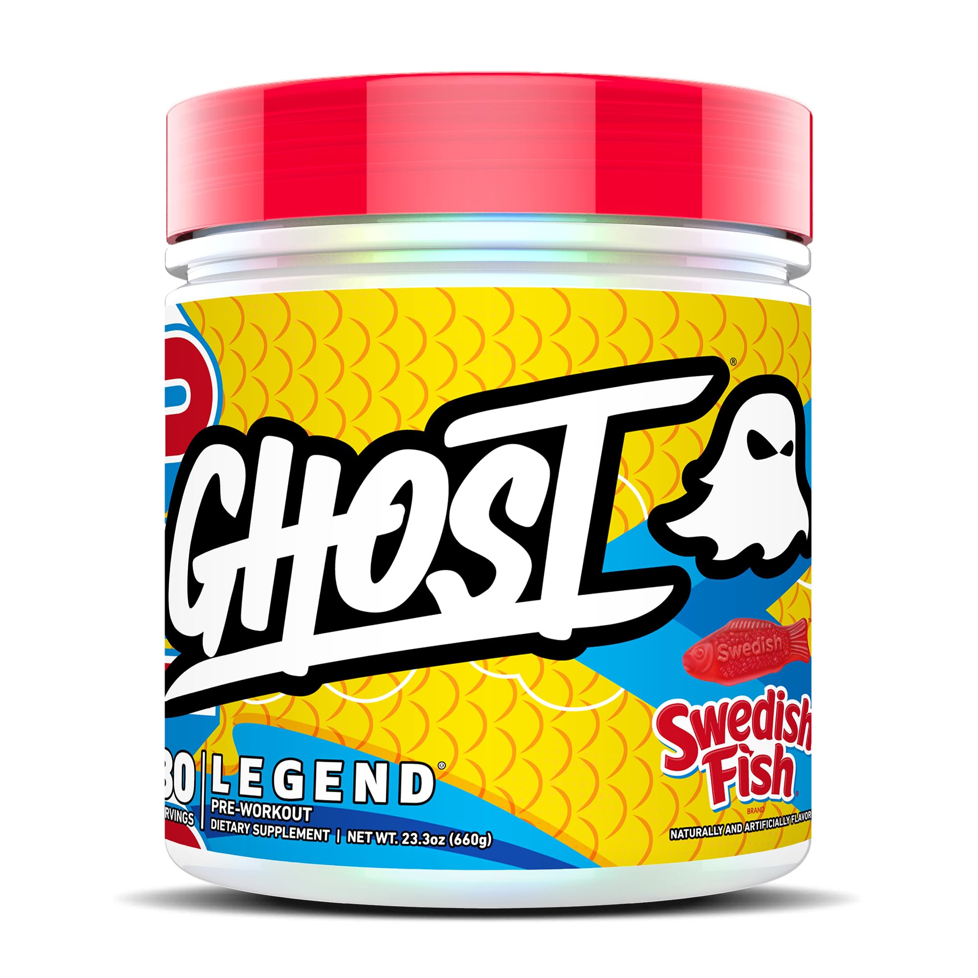 GHOST Legend, poudre pré-entraînement saveur Swedish Fish, énergie et pompes potentielles.