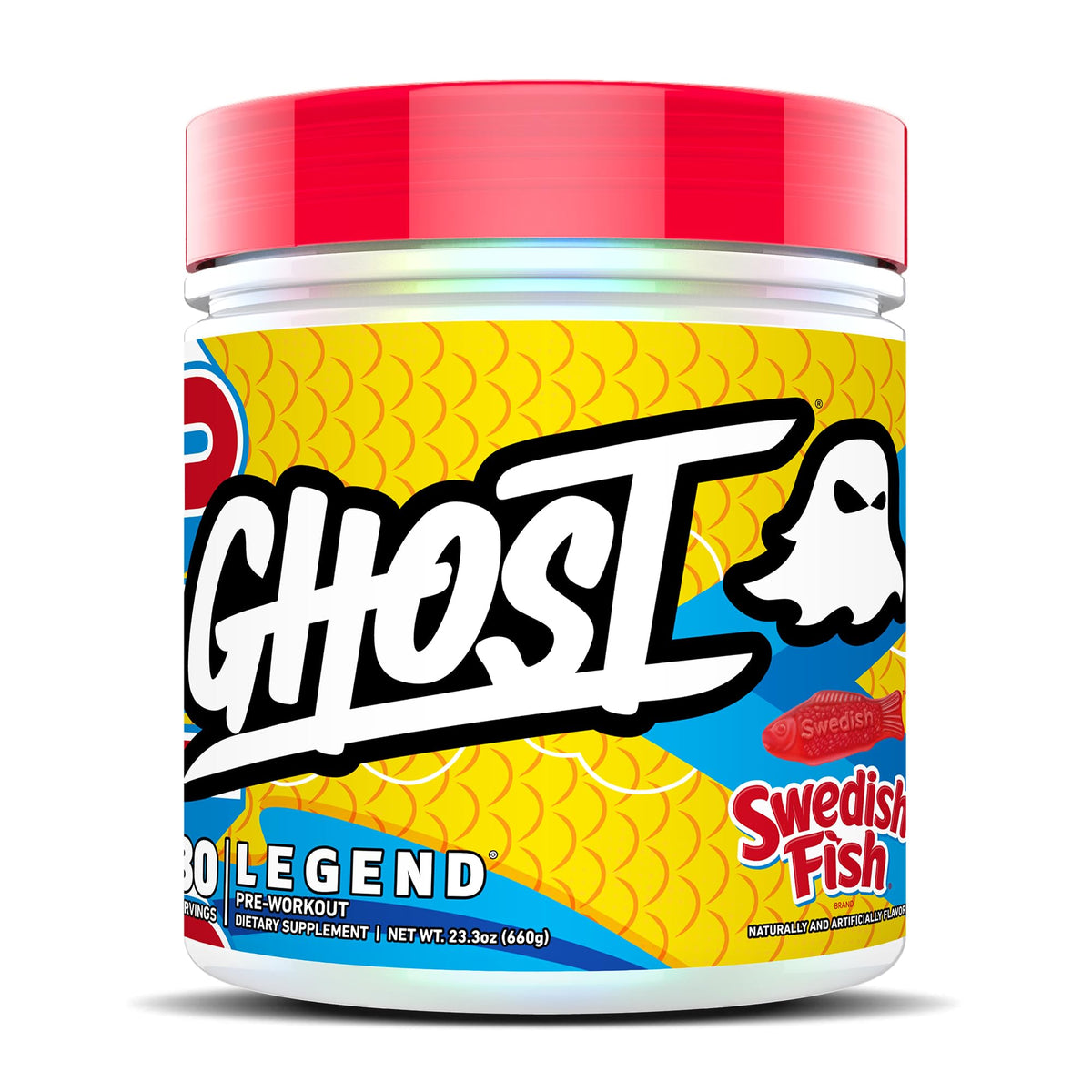 GHOST Legend, poudre pré-entraînement saveur Swedish Fish, énergie et pompes potentielles.