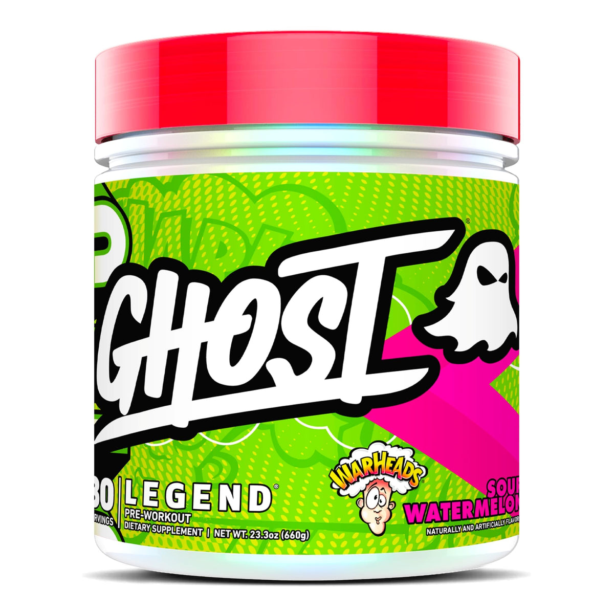 GHOST Legend poudre pré-entraînement Warheads Sour Watermelon, énergie et concentration potentielles.