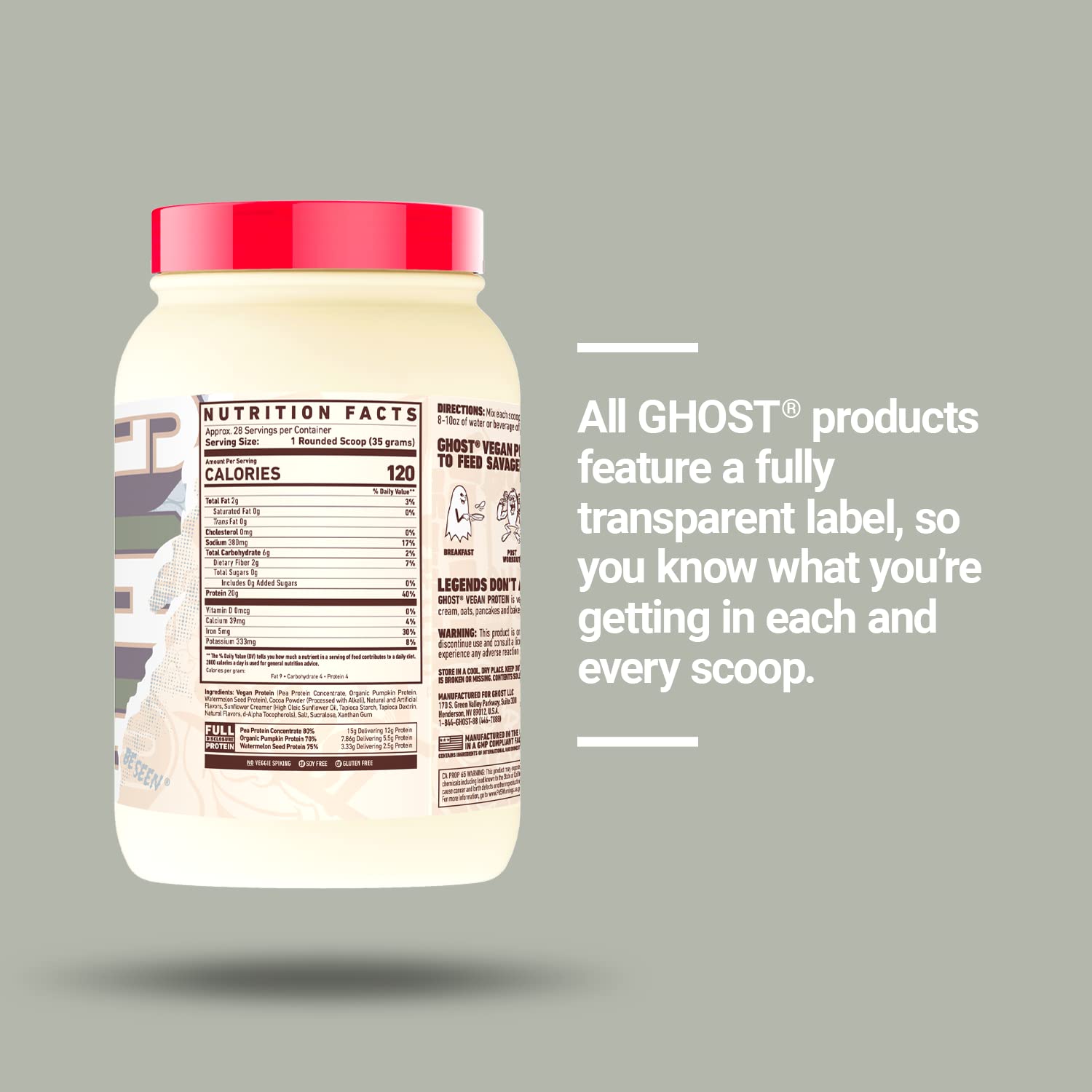 Étiquette transparente GHOST montrant chaque dose, sans ingrédients cachés.