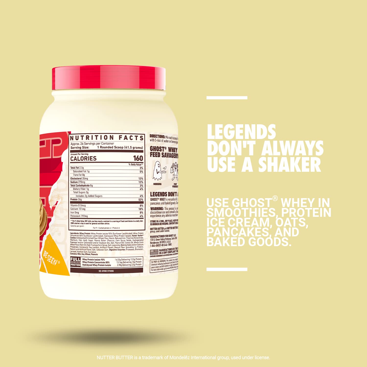 Poudre GHOST Protéine lactosérum Nutter Butter avec des morceaux biscuits réels pour shakes.