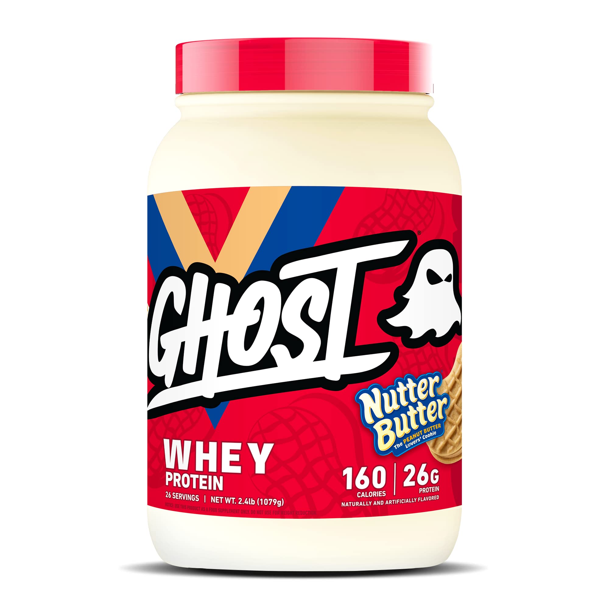 Poudre GHOST Protéine lactosérum Nutter Butter dans le pot, 26 g par portion.