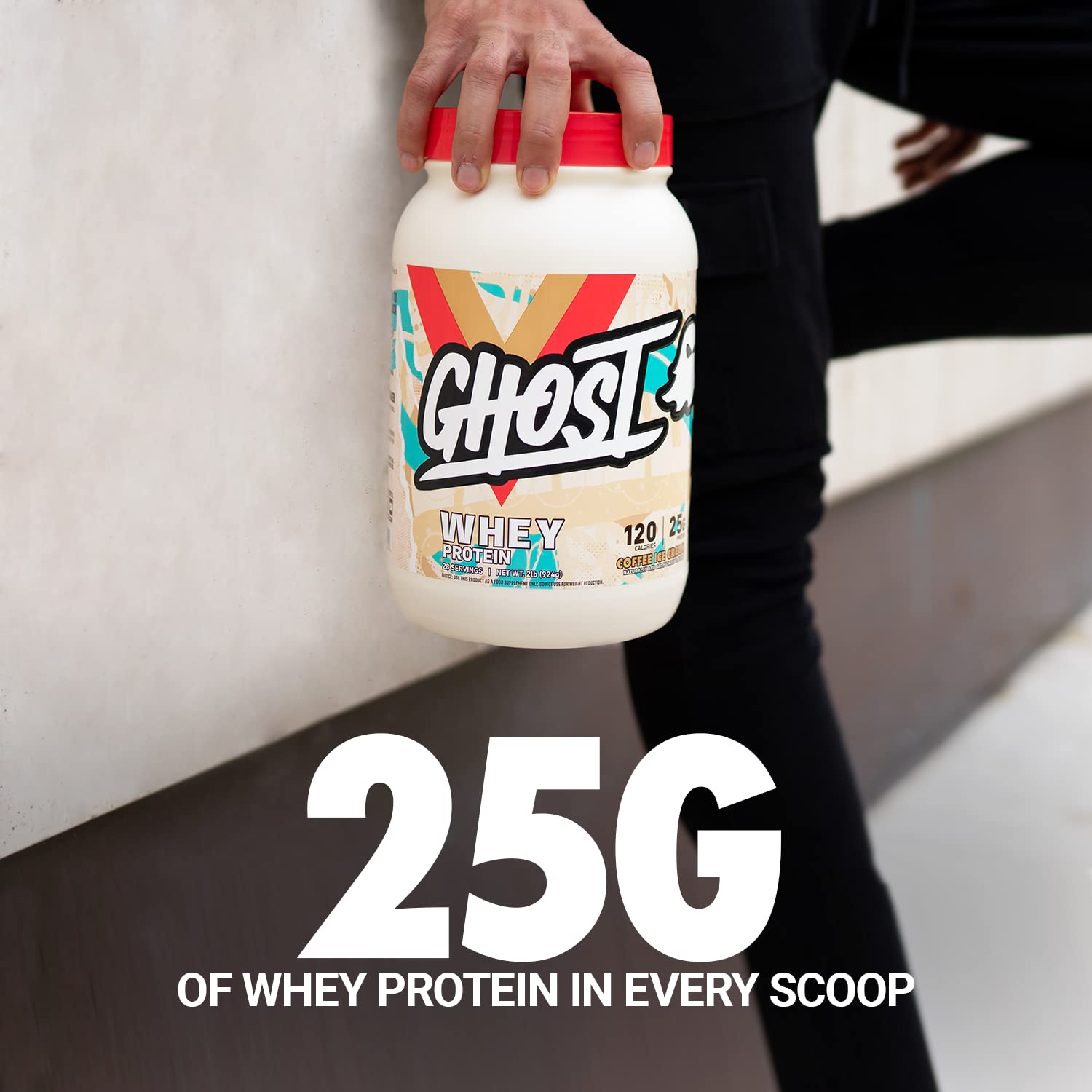 GHOST Whey Coffee Ice Cream, dose 25 g affichée, détail des isolats et concentrés.