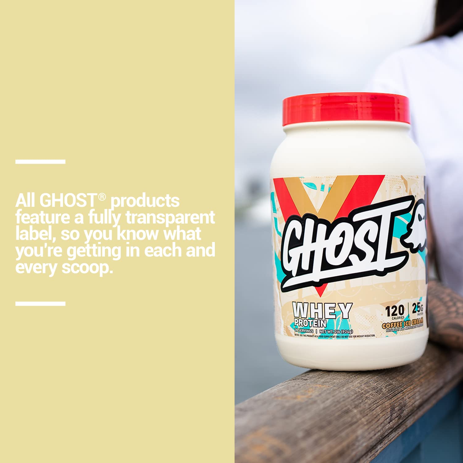 GHOST Whey Coffee Ice Cream, étiquette transparente des actifs, zéro mélange propriétaire.