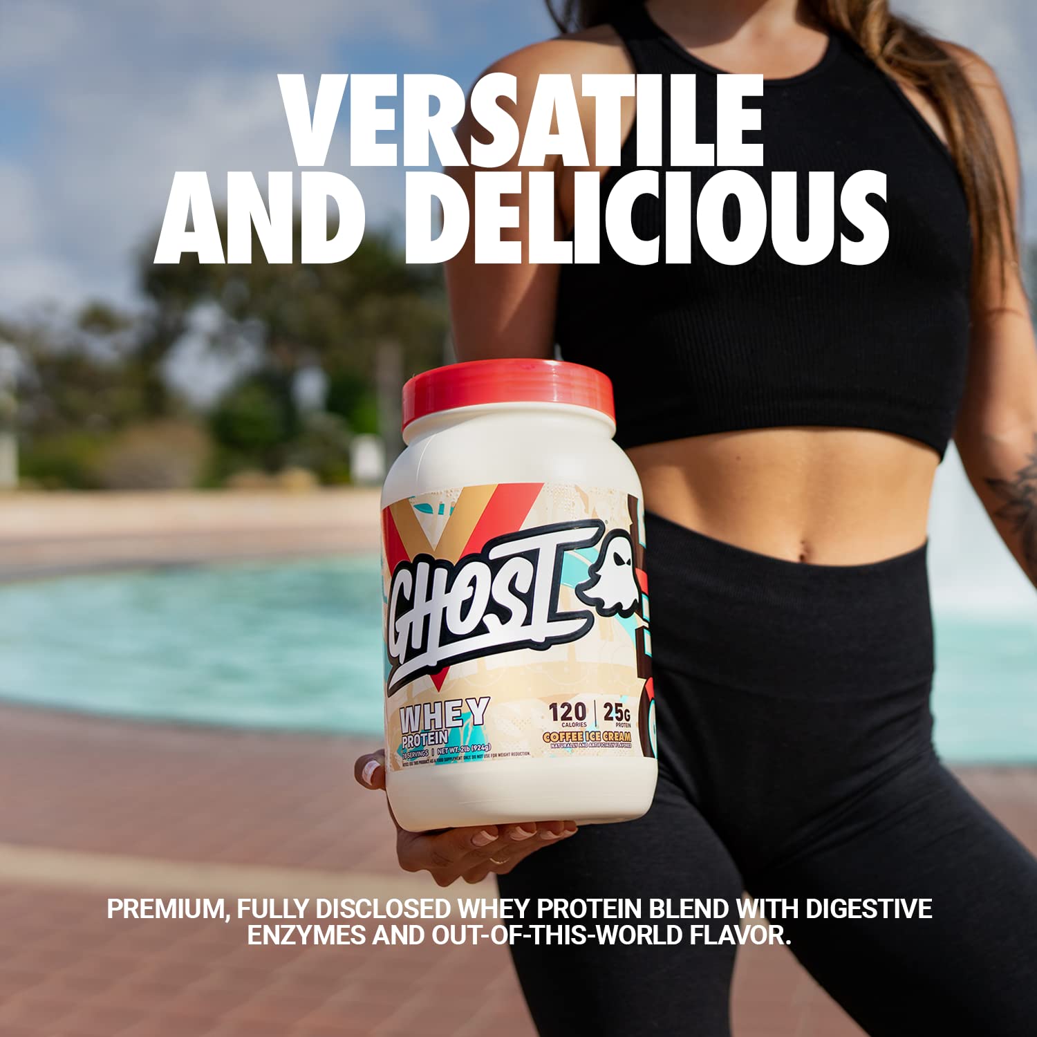 GHOST Whey Coffee Ice Cream, étiquette claire montrant les protéines pour une sélection éclairée des ingrédients.