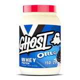 GHOST Whey Oreo – bouteille montrant la texture et goût riche après entraînement.