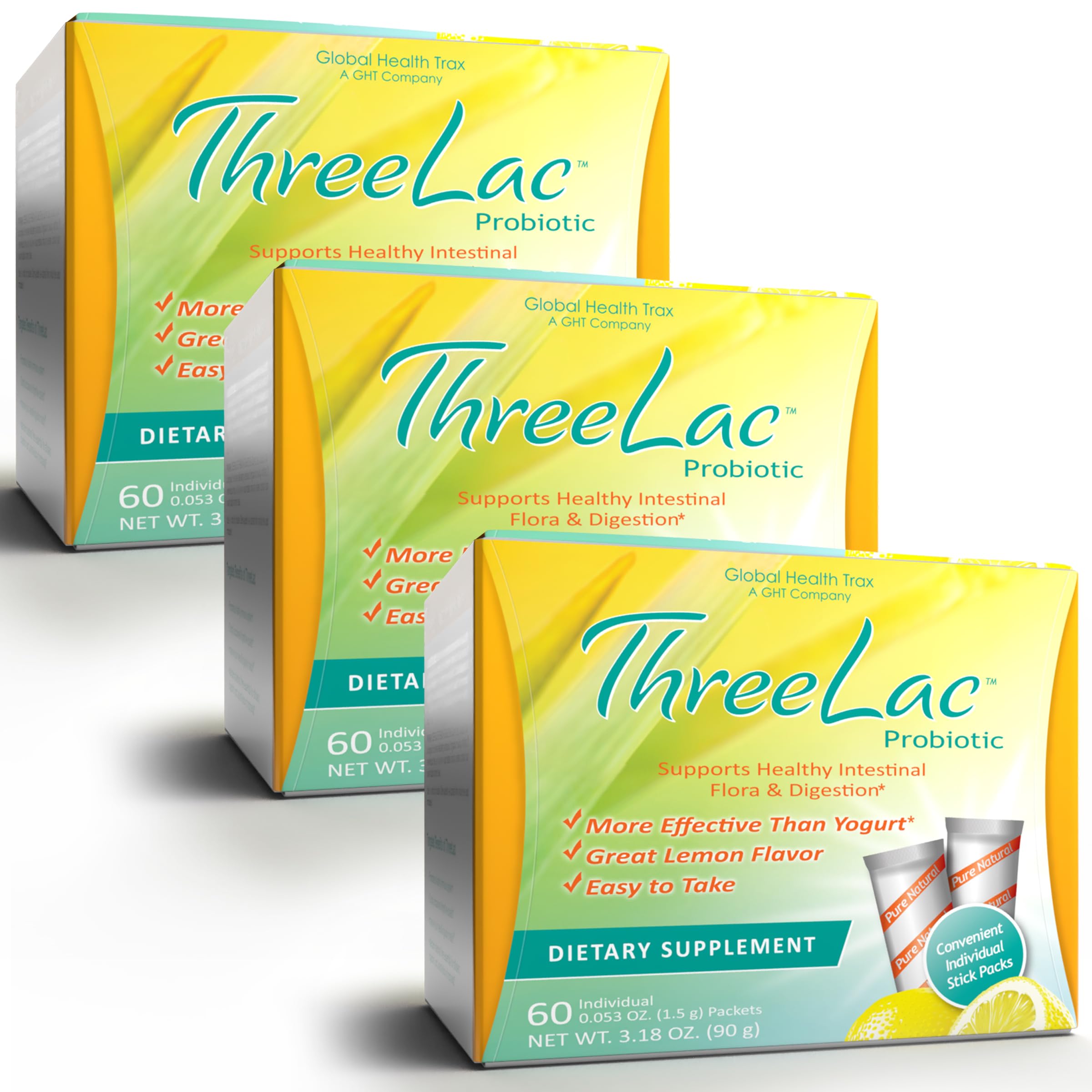 GHT ThreeLac citron: poudre probiotique se dissolvant dans l’eau pour soutenir la digestion.