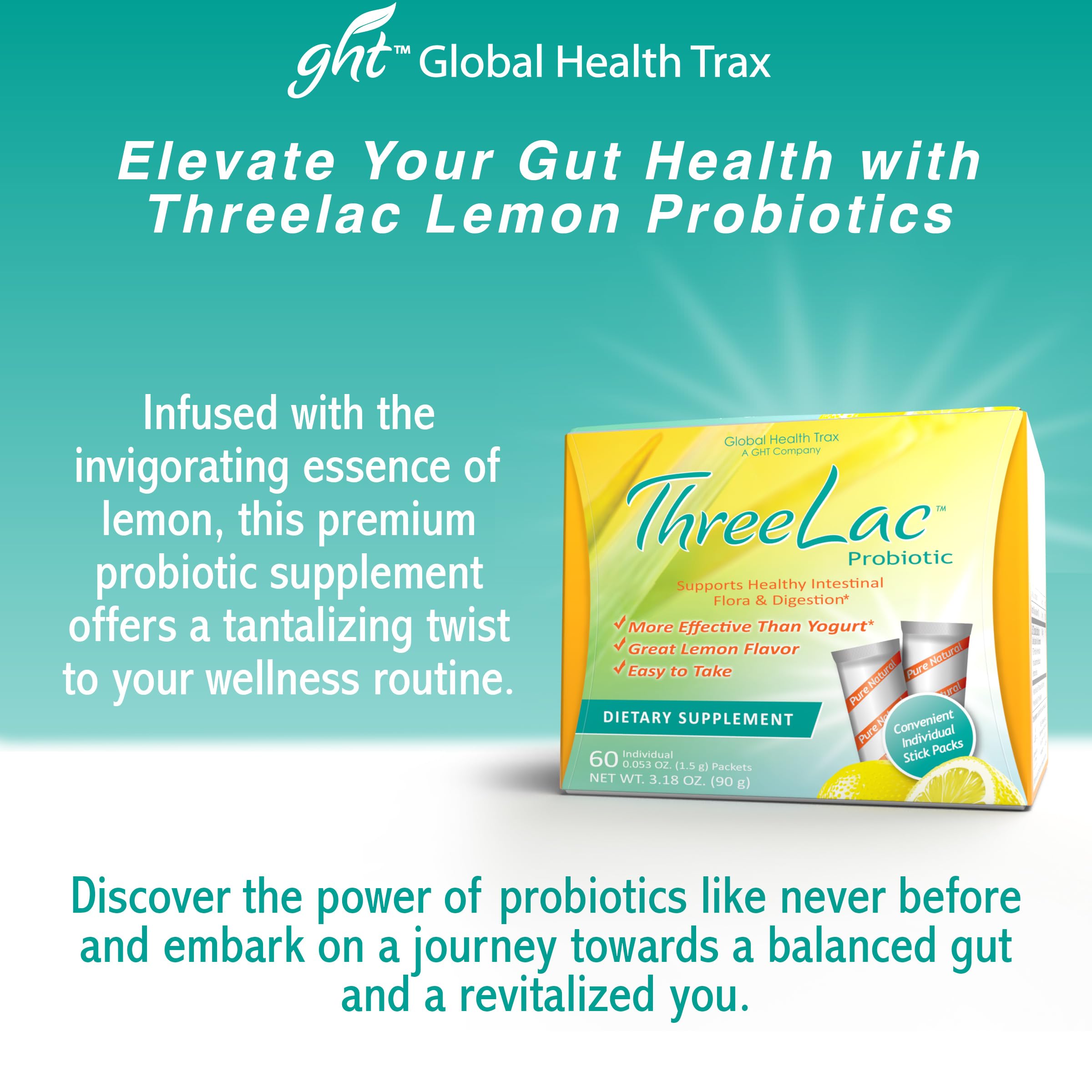 GHT ThreeLac mélange eau-probiotique facile, soutien potentiel à l’équilibre intestinal.