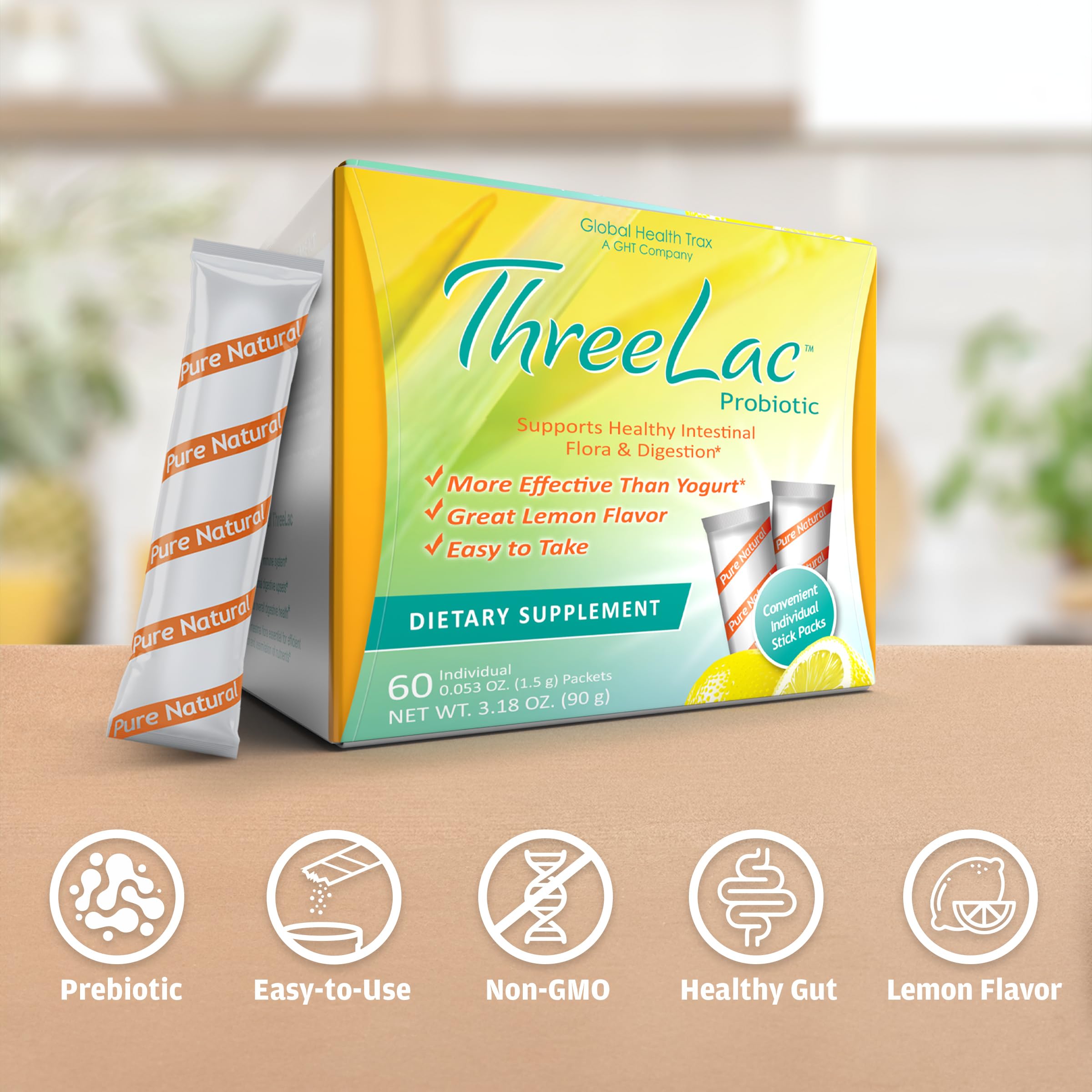 GHT ThreeLac sachet citron prêt à dissoudre pour une boisson digestive rapide.