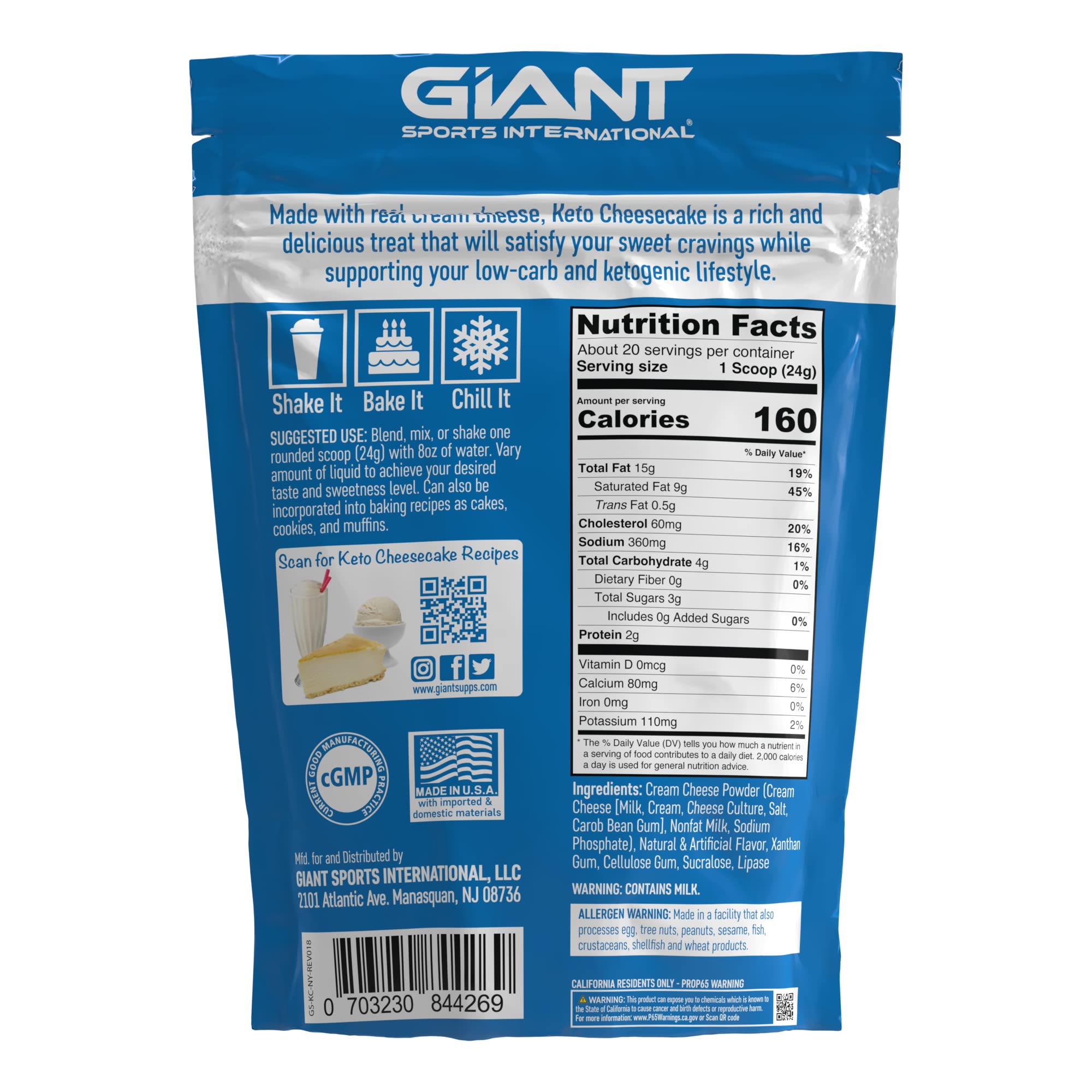 Giant Sports Mélange Gâteau au Fromage Céto lait d'amande, texture douce et cremée.