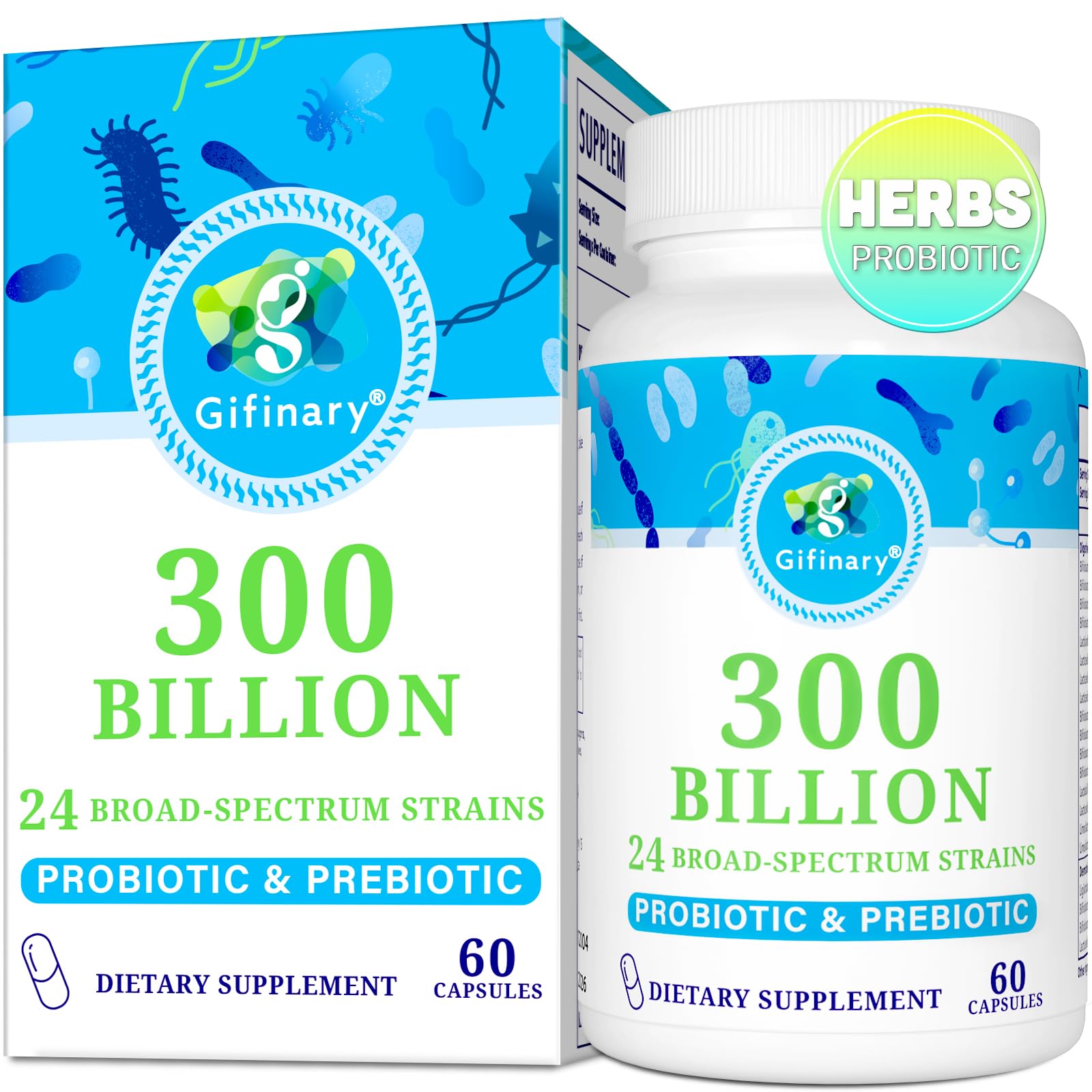 Gifinary Probiotiques, bouteille de 60 capsules, pratique pour la digestion quotidienne.