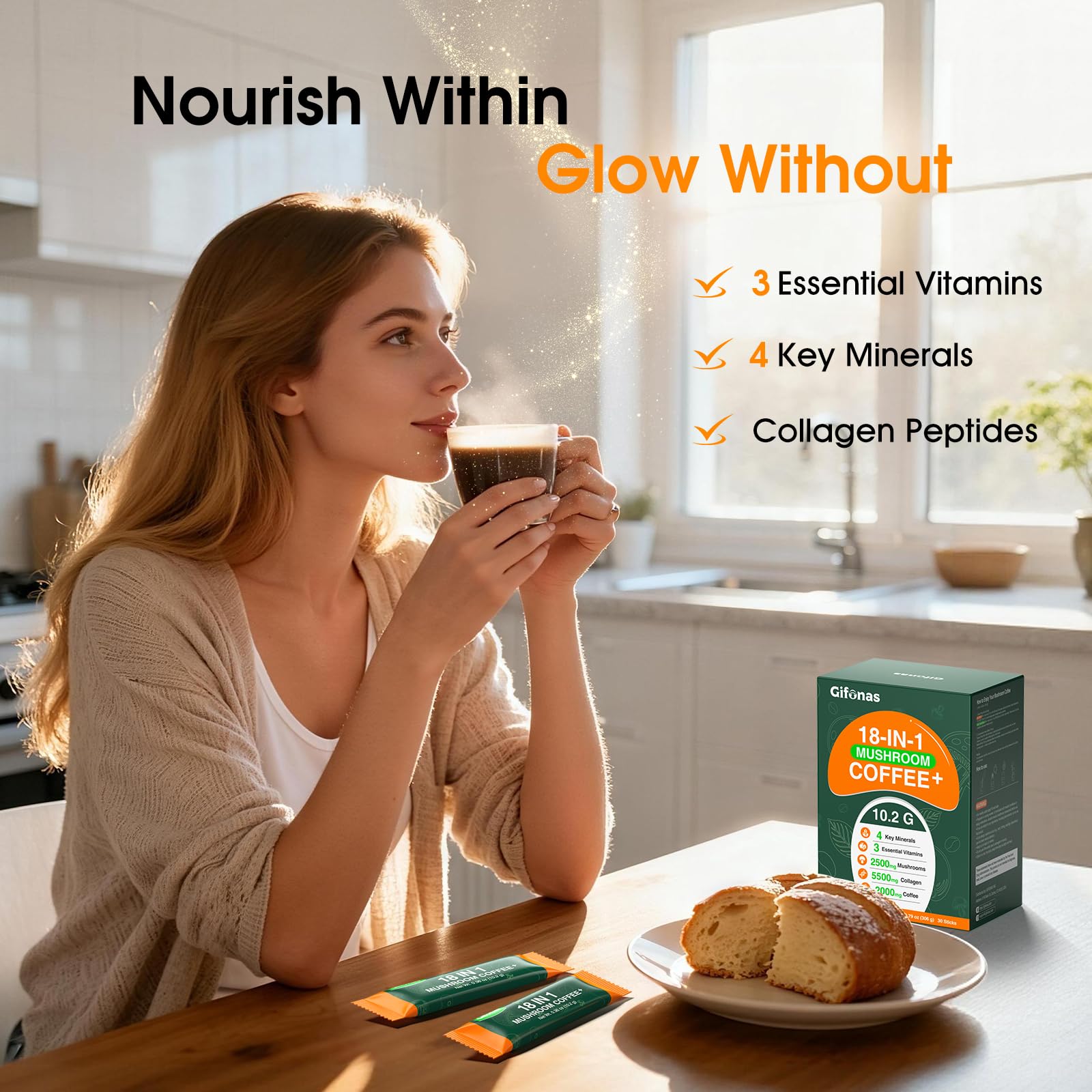 Gifonas cafe champignon: soutien immunitaire et intestinal via prebiotiques naturels.
