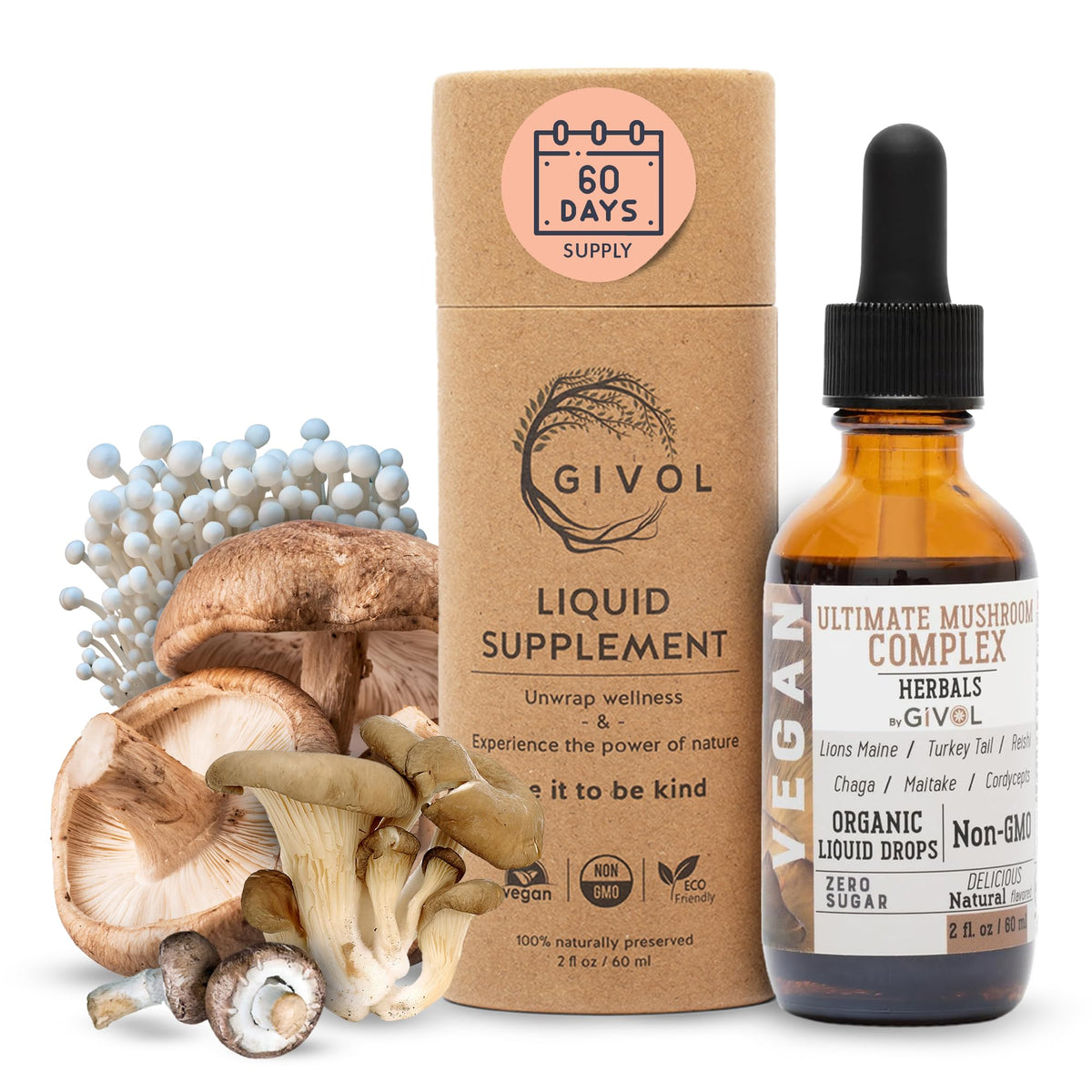 GIVOL complexe immunitaire liquide – bouteille avec champignons visibles, soutien énergie quotidienne.