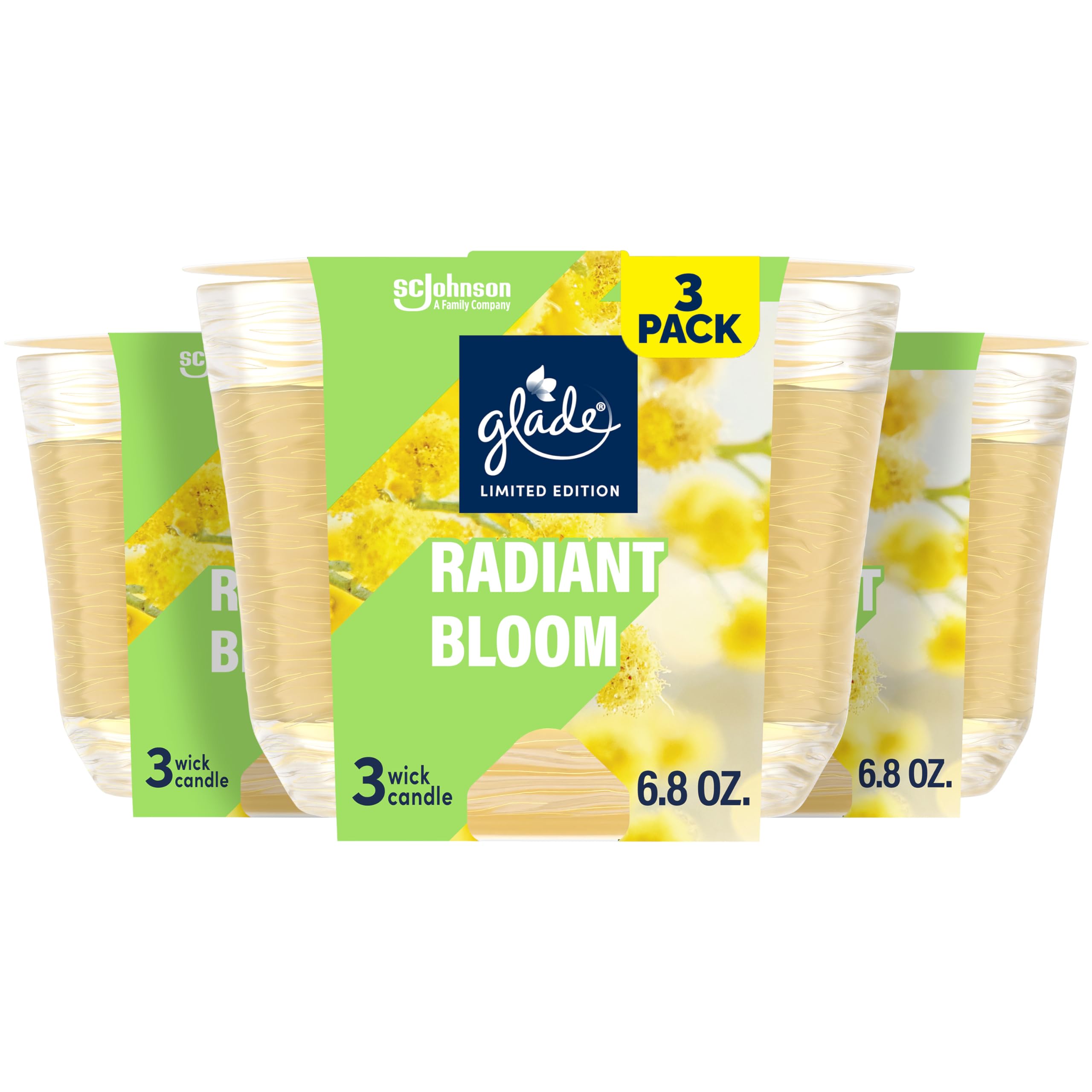 Bougie Glade Radiant Bloom, pot à 3 mèches, ambiance chaleureuse et florale.