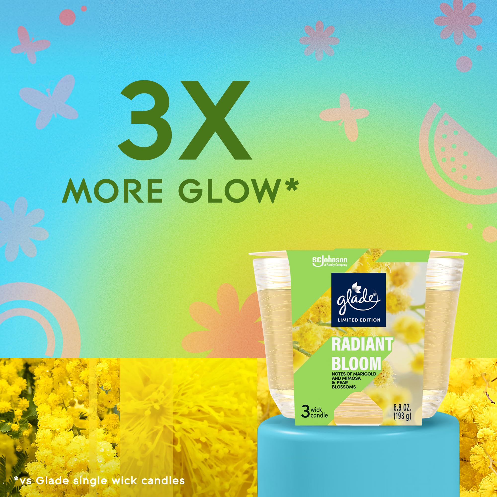 Arômes floraux: soucis, fleurs de poirier et mimosa, Glade Radiant Bloom.