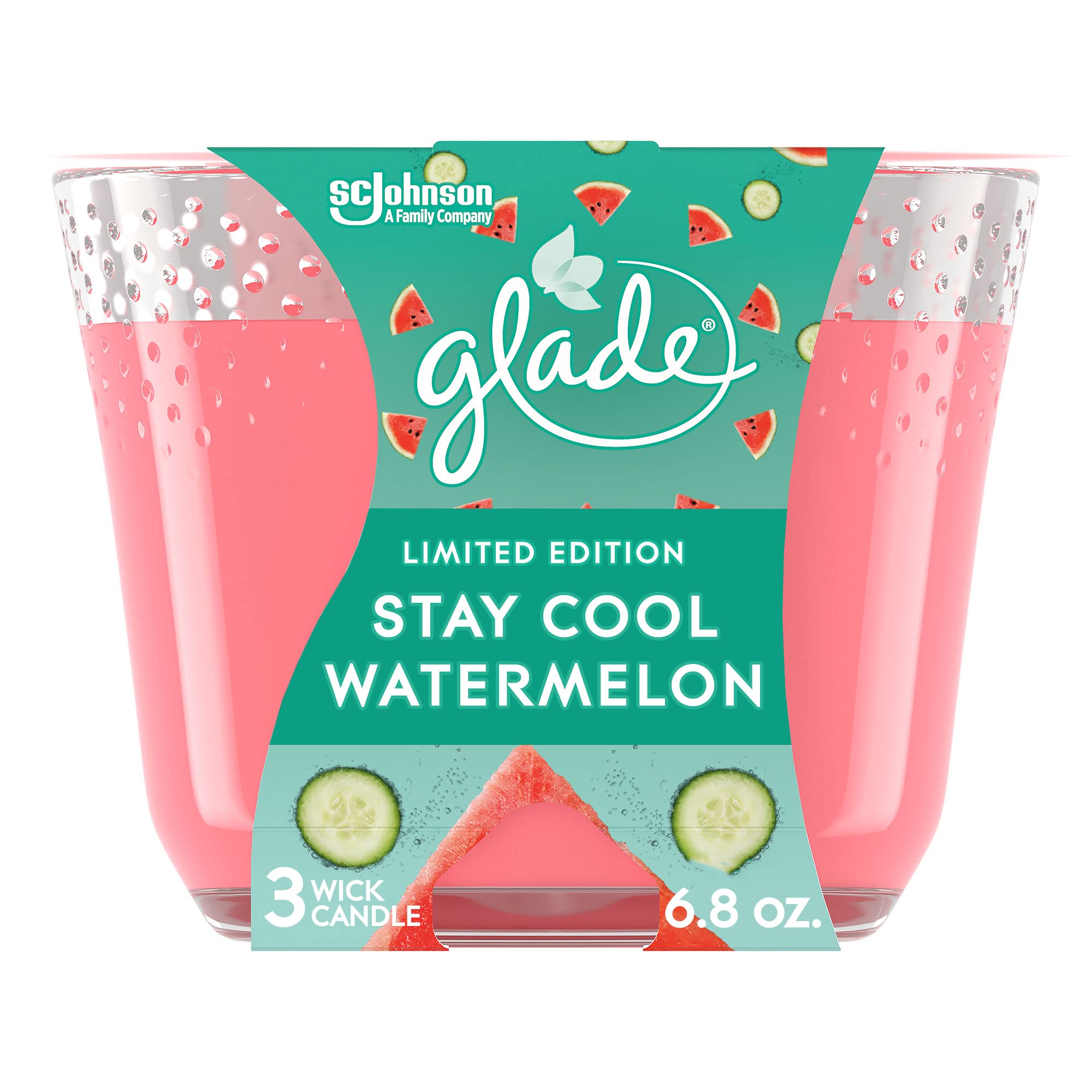 Bougie Glade Stay Cool Watermelon à 3 mèches, ambiance printanière et parfum fruité rafraîchissant.